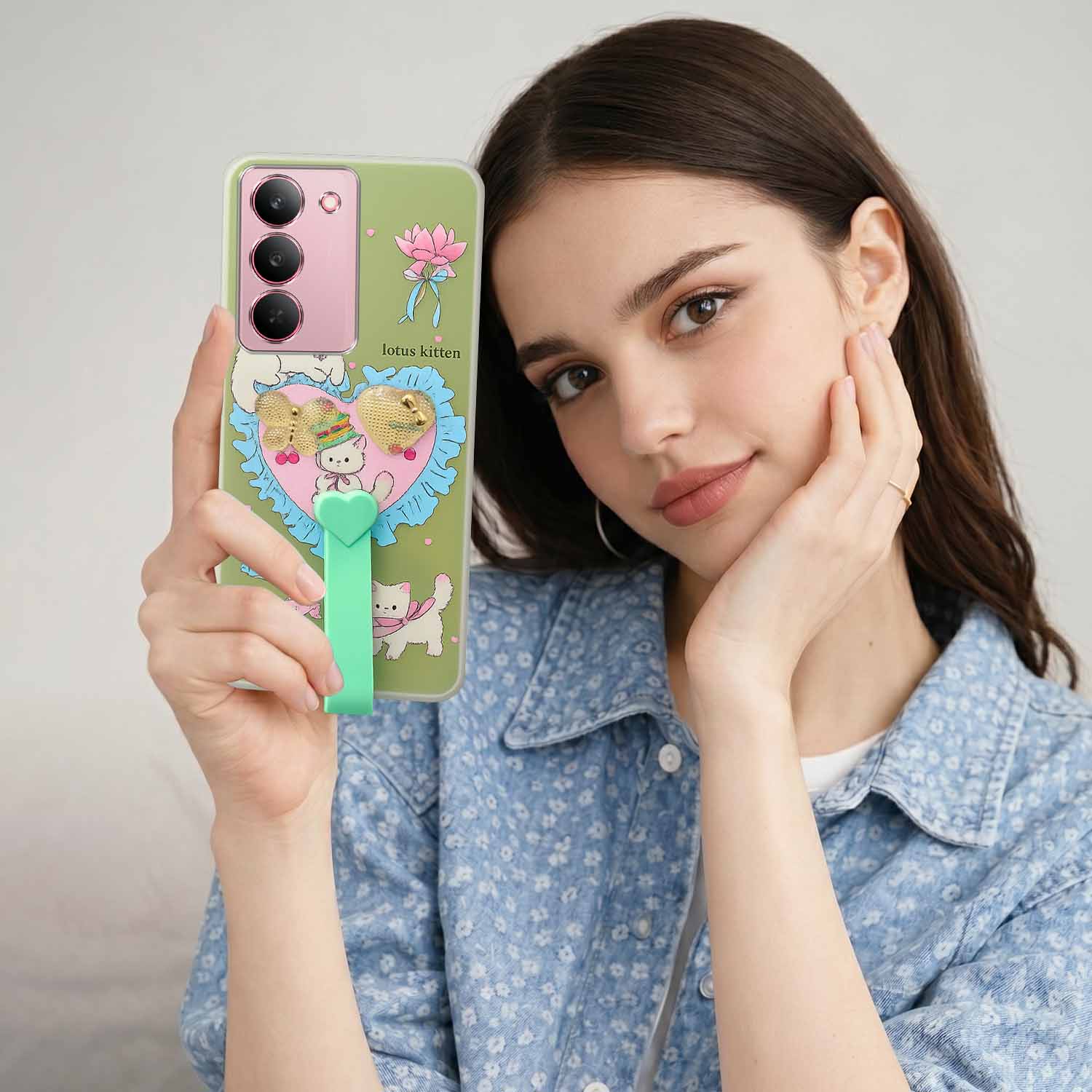 For Realme 14X Back Cover Case (3D Cute Heart Strap Holder | Camera Protection | Designer Girls Print)