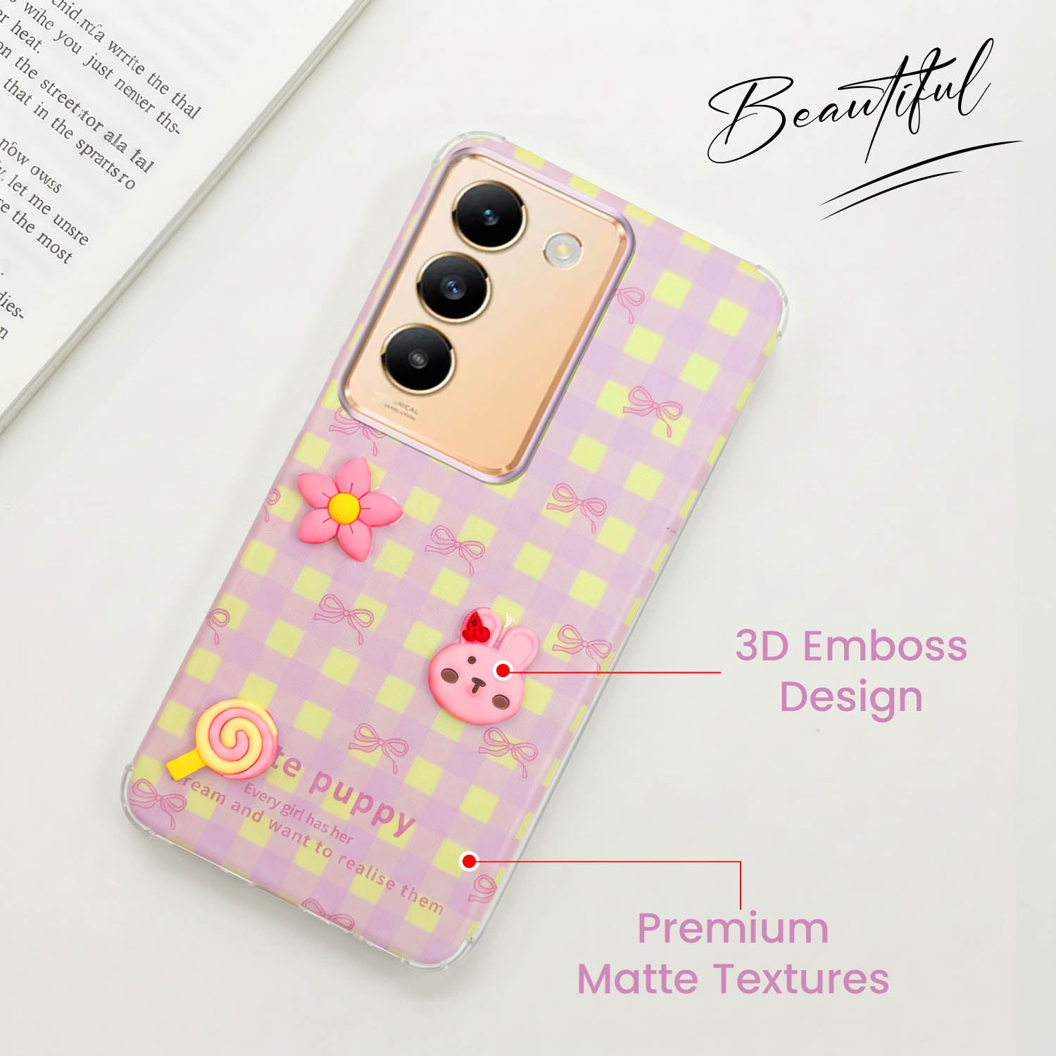 For Vivo Y200e Back Cover Case (3D Cute Cartoons | Hard Back Side Soft | Matte Premium Finish | HD Printing)