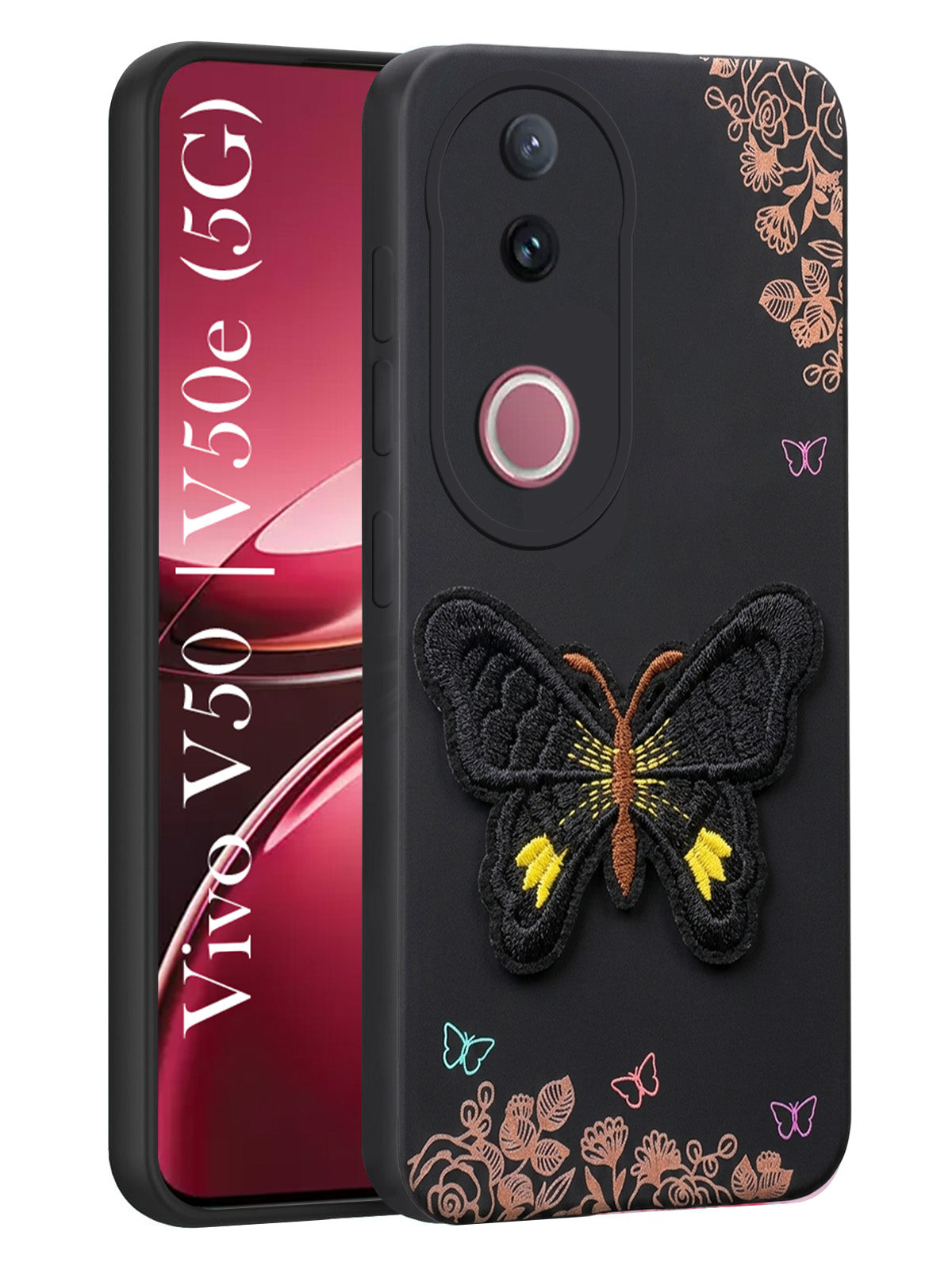 For Vivo V50 | Vivo V50e Back Cover Case (Soft Butterfly Embroidery | Women Teen Girls | Camera Protection| Matte Silicone)