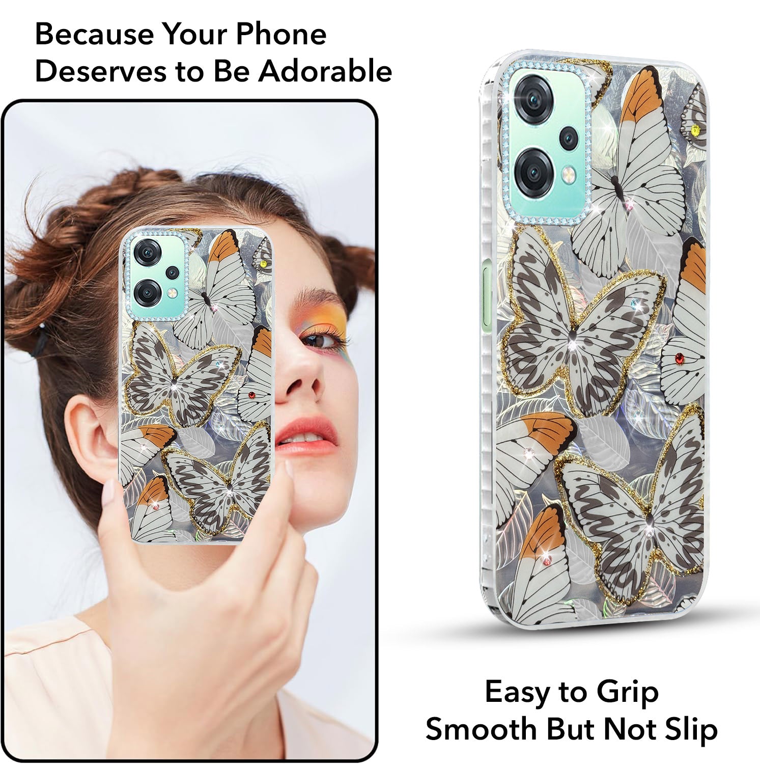 For OnePlus Nord CE 2 Lite Back Cover Case (Luxury Floral Glitter Cute Butterfly | Diamond Studded Camera Bump | Girls & Women Design)