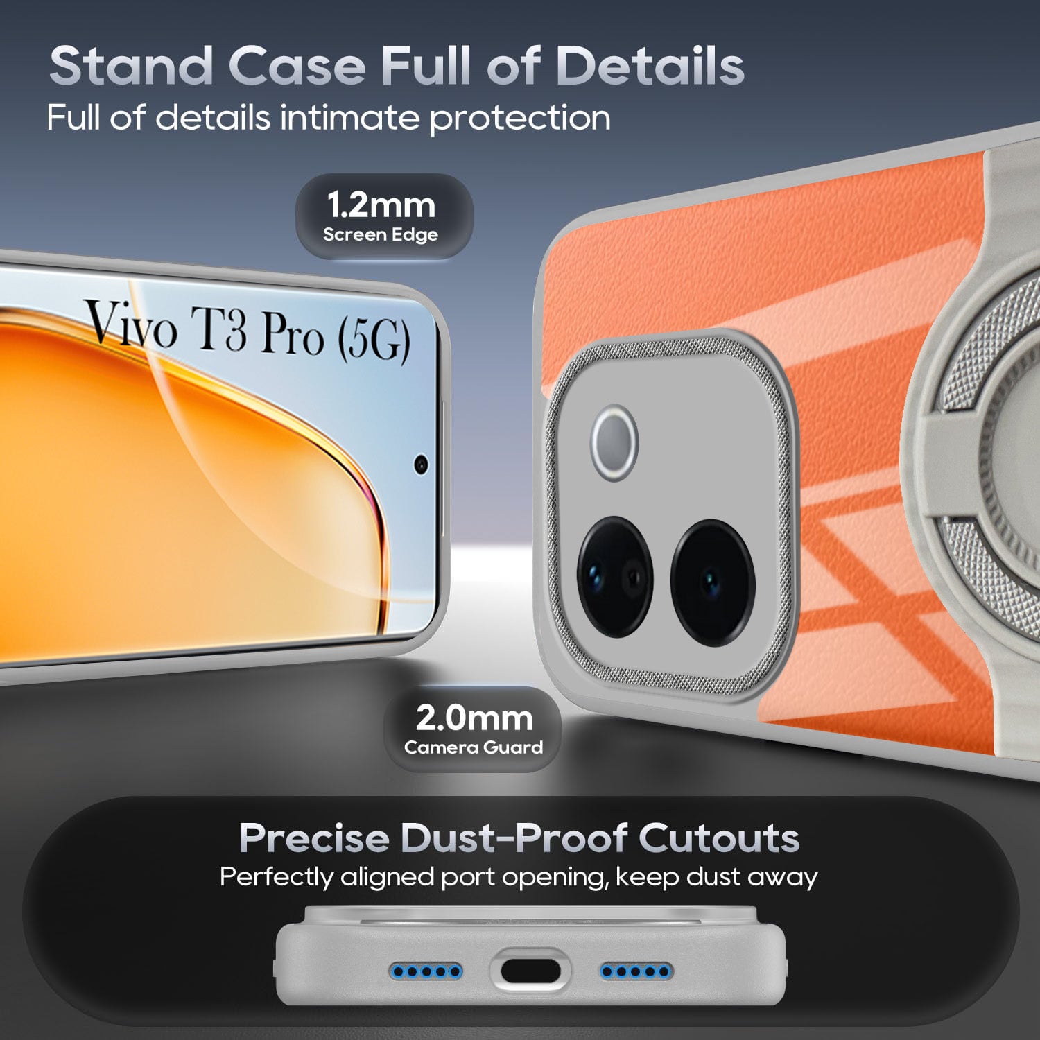 For Vivo T3 Pro Back Cover Case with stand (Built-in Ring Holder Kickstand | Lifetime Anti Yellow | Camera Protection)
