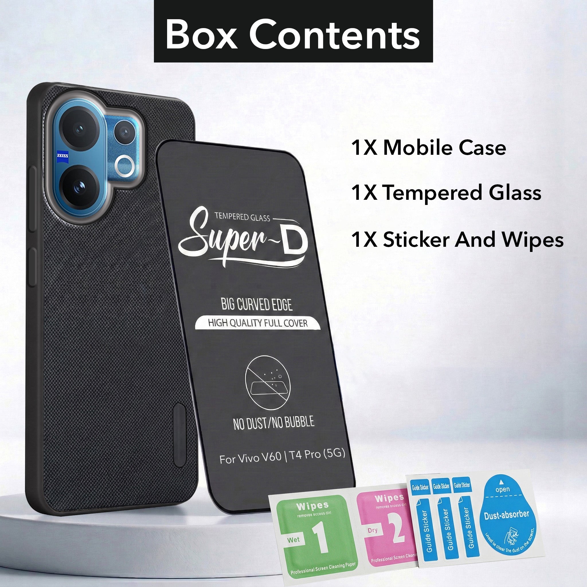 For Vivo V60 | Vivo T4 Pro Combo with Back Cover and 9H Tempered Glass (Textured Grip Design | Micro-Fiber Cloth Inside | Oleophobic Coating Screen Glass)