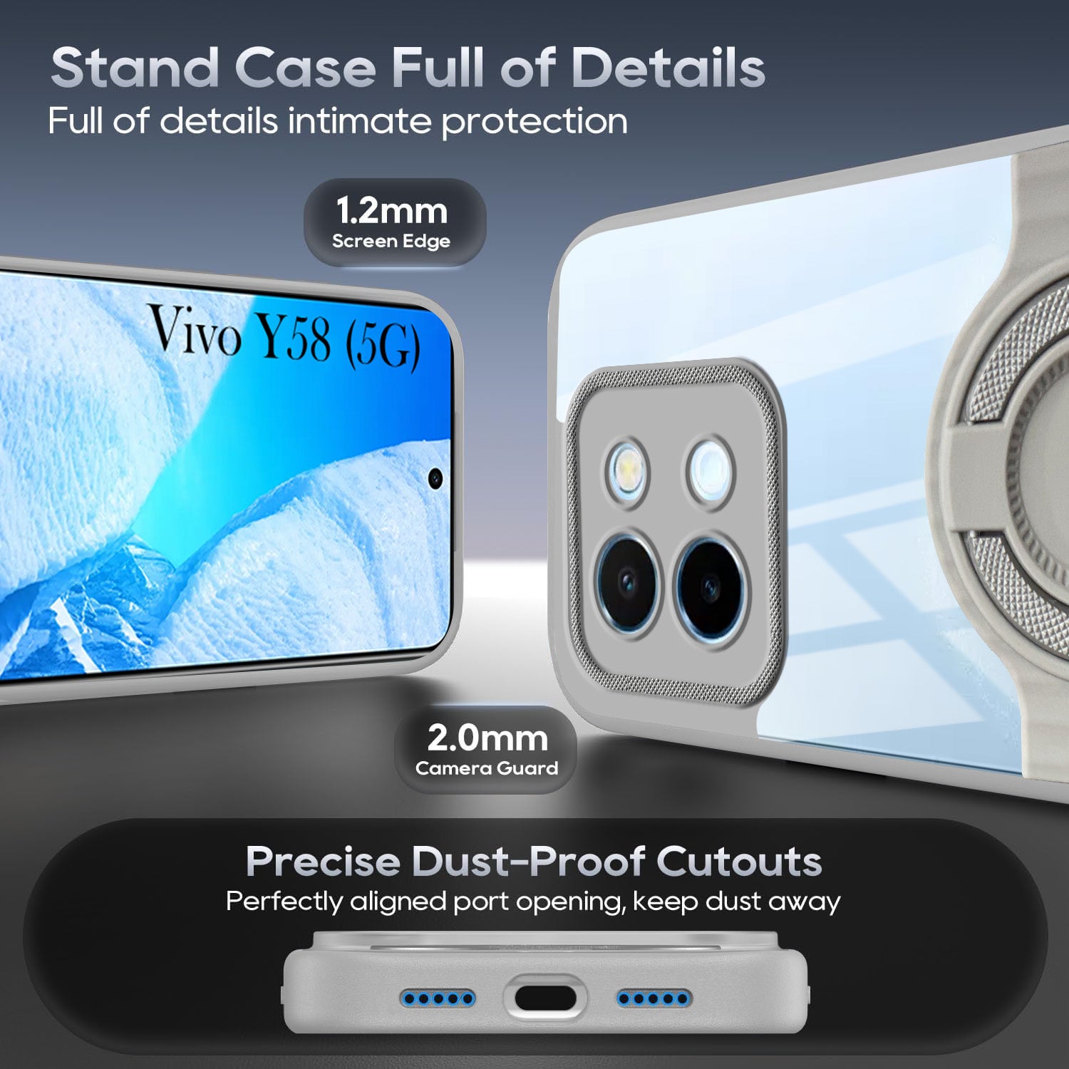 For Vivo Y58 5G Back Cover Case with stand (Built-in Ring Holder Kickstand | Lifetime Anti Yellow | Camera Protection)