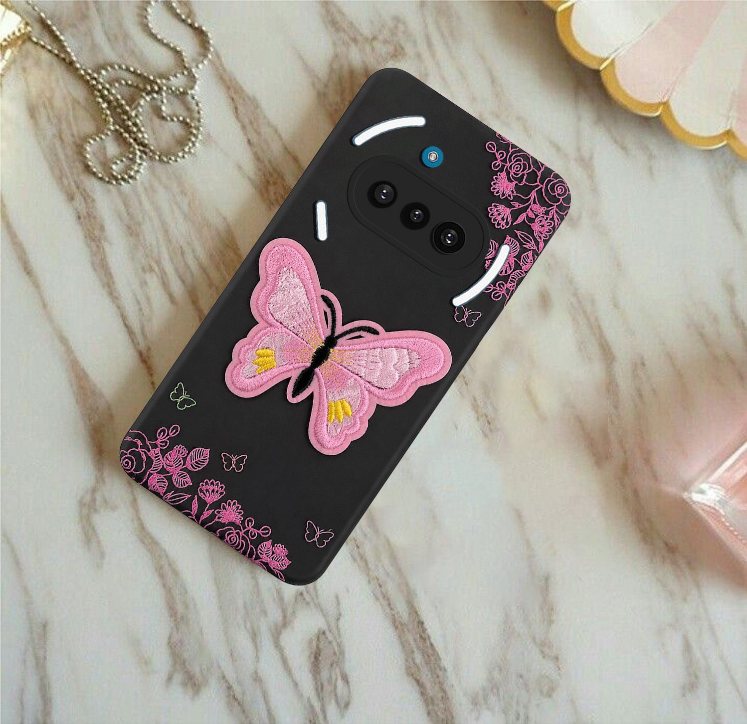 For Nothing Phone 3A Back Cover Case (Soft Butterfly Embroidery | Women Teen Girls | Camera Protection| Matte Silicone)
