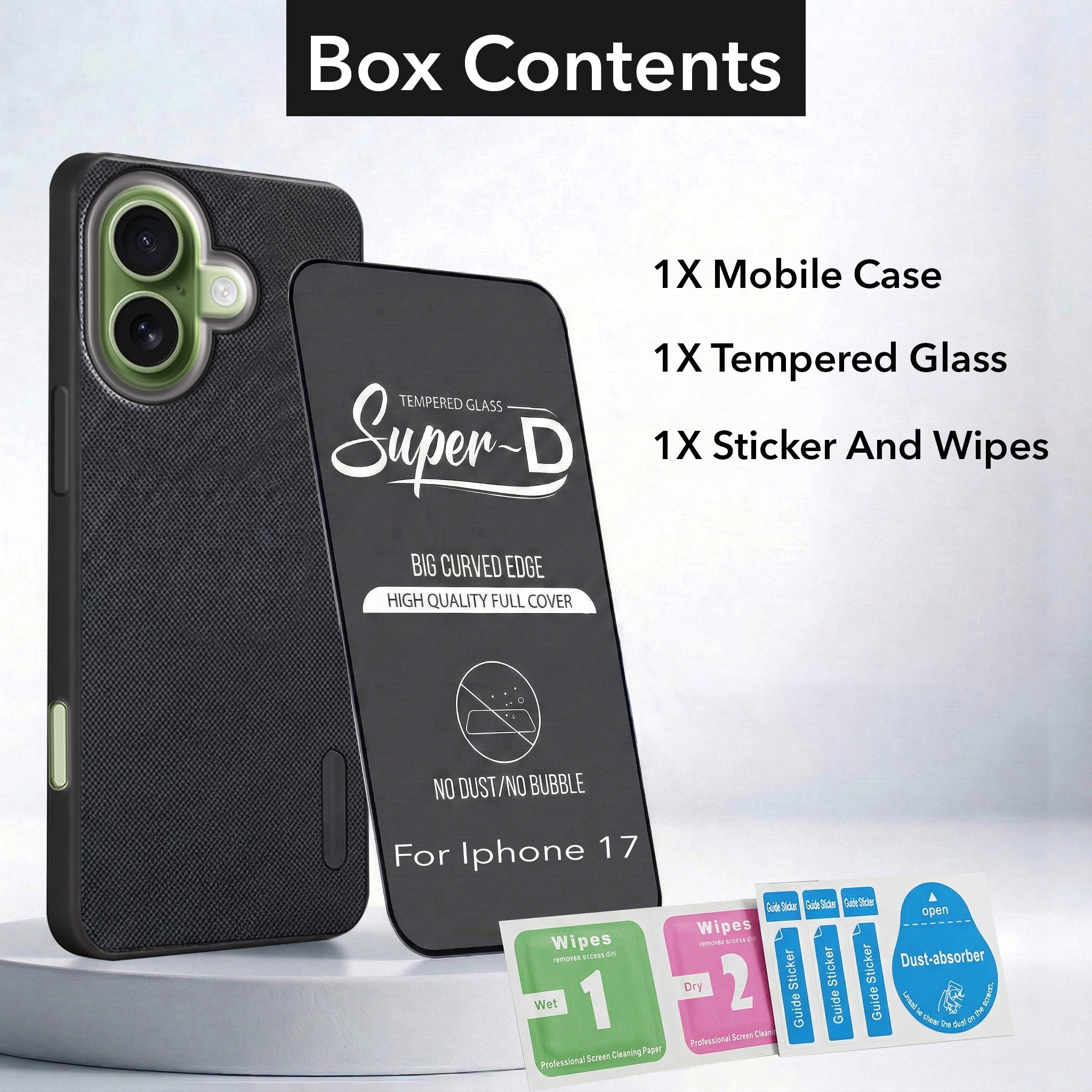 For Apple iPhone 17 Combo with Back Cover and 9H Tempered Glass (Textured Grip Design | Micro-Fiber Cloth Inside | Oleophobic Coating Screen Glass)