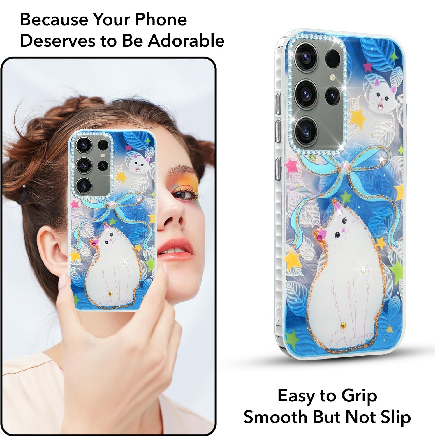 For Samsung Galaxy S23 Ultra Back Cover Case (Luxury Floral Glitter Cute Butterfly | Diamond Studded Camera Bump | Girls & Women Design)