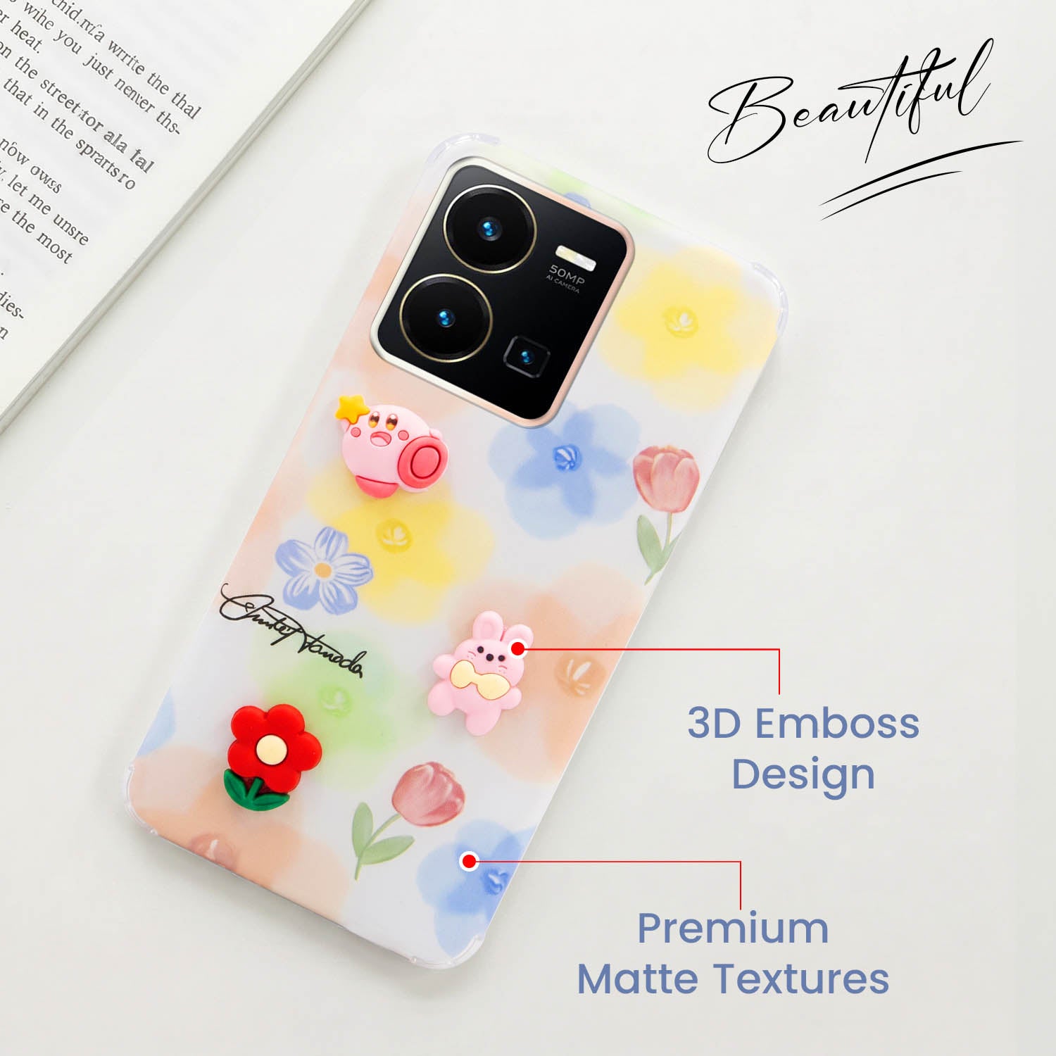 For Vivo Y35 Back Cover Case (3D Cute Cartoons | Hard Back Side Soft | Matte Premium Finish | HD Printing)