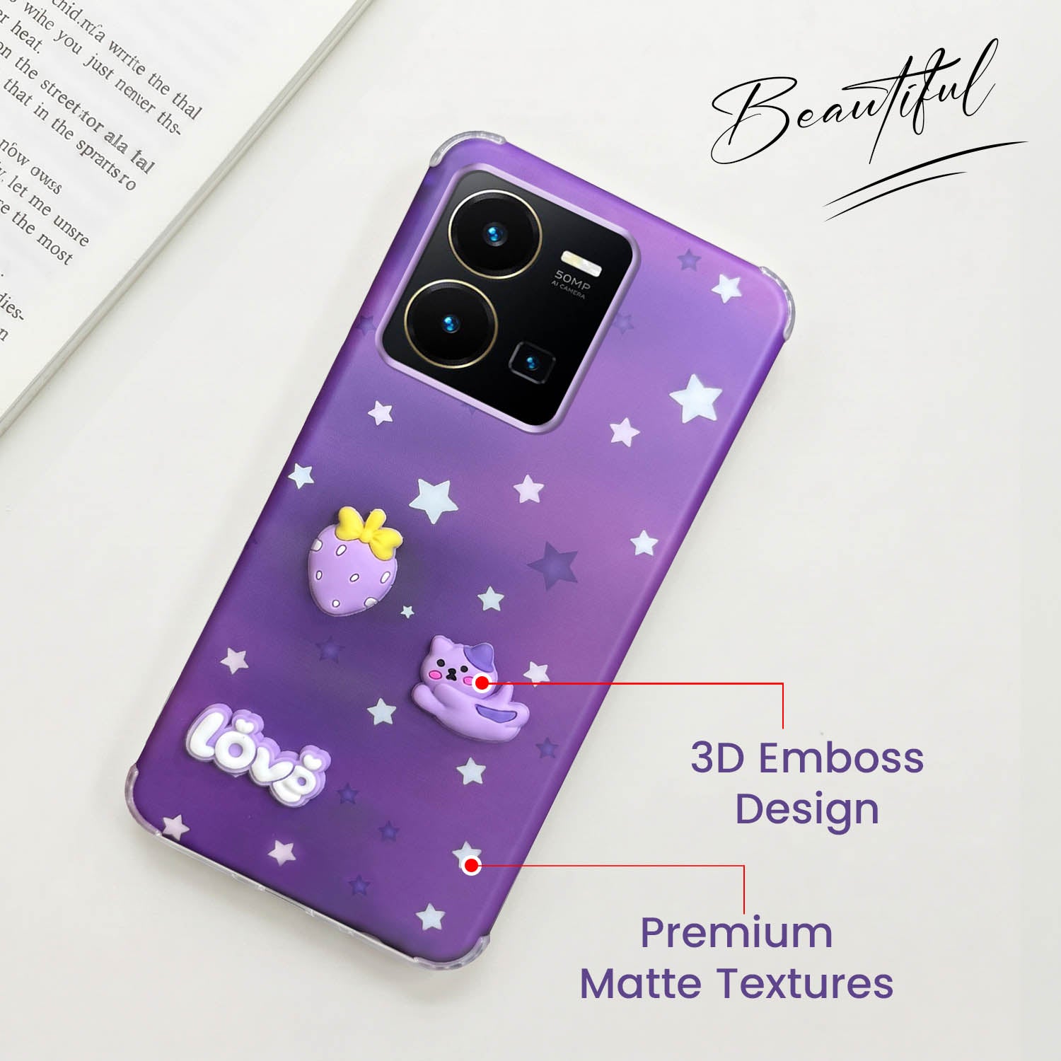 For Vivo Y35 Back Cover Case (3D Cute Cartoons | Hard Back Side Soft | Matte Premium Finish | HD Printing)