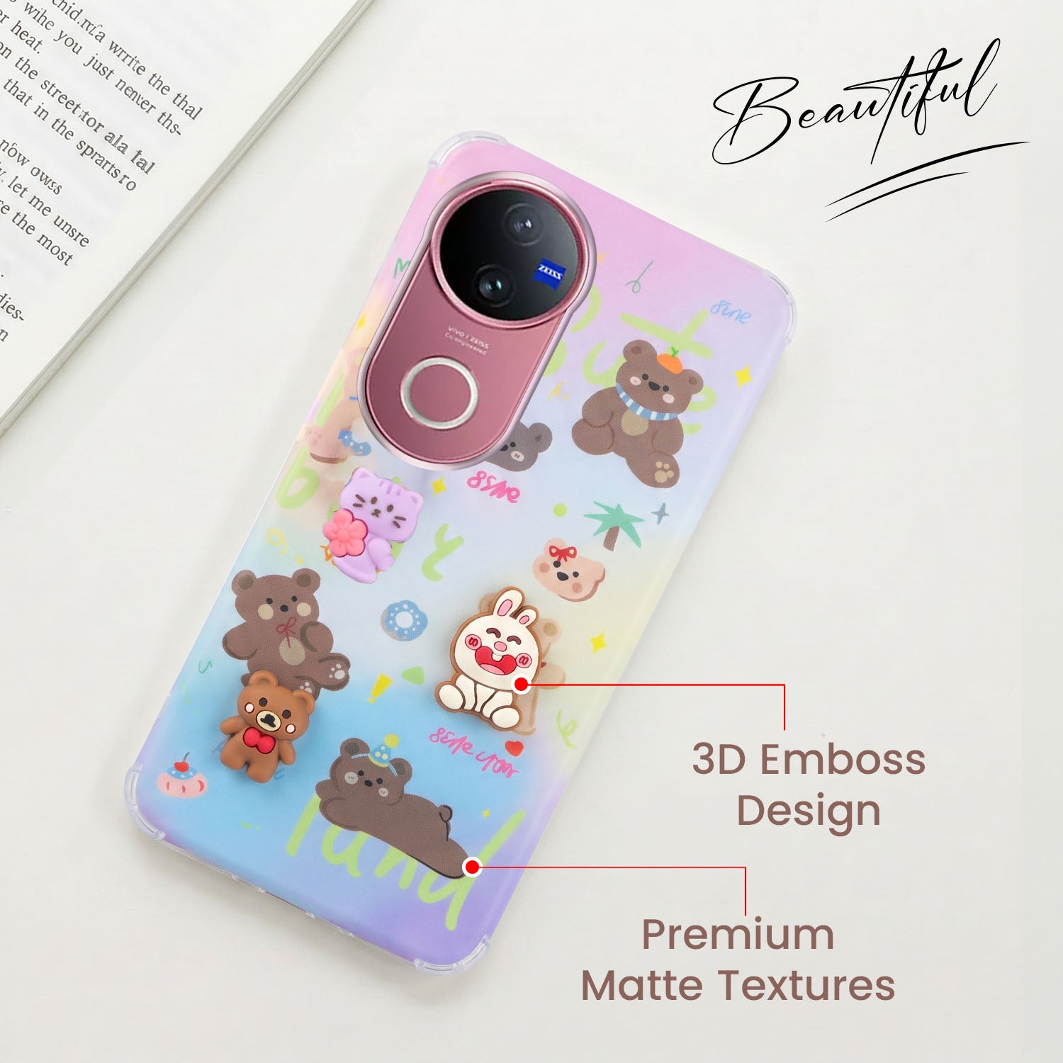 For Vivo V50 | Vivo V50e Back Cover Case (3D Cute Cartoons | Hard Back Side Soft | Matte Premium Finish | HD Printing)