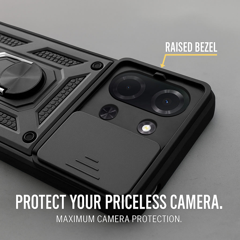 For Poco C85 5G Back Cover Case Hybrid Armor (Sliding Shutter Camera Protection | Polycarbonate |Ring Holder Kickstand)