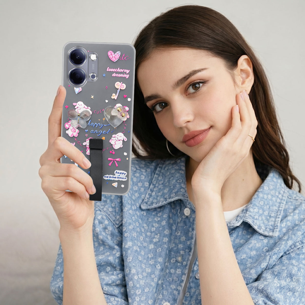 For Vivo Y05 (4G) | Vivo T5 Lite (5G) Back Cover Case (3D Cute Heart Strap Holder | Camera Protection | Designer Girls Print)