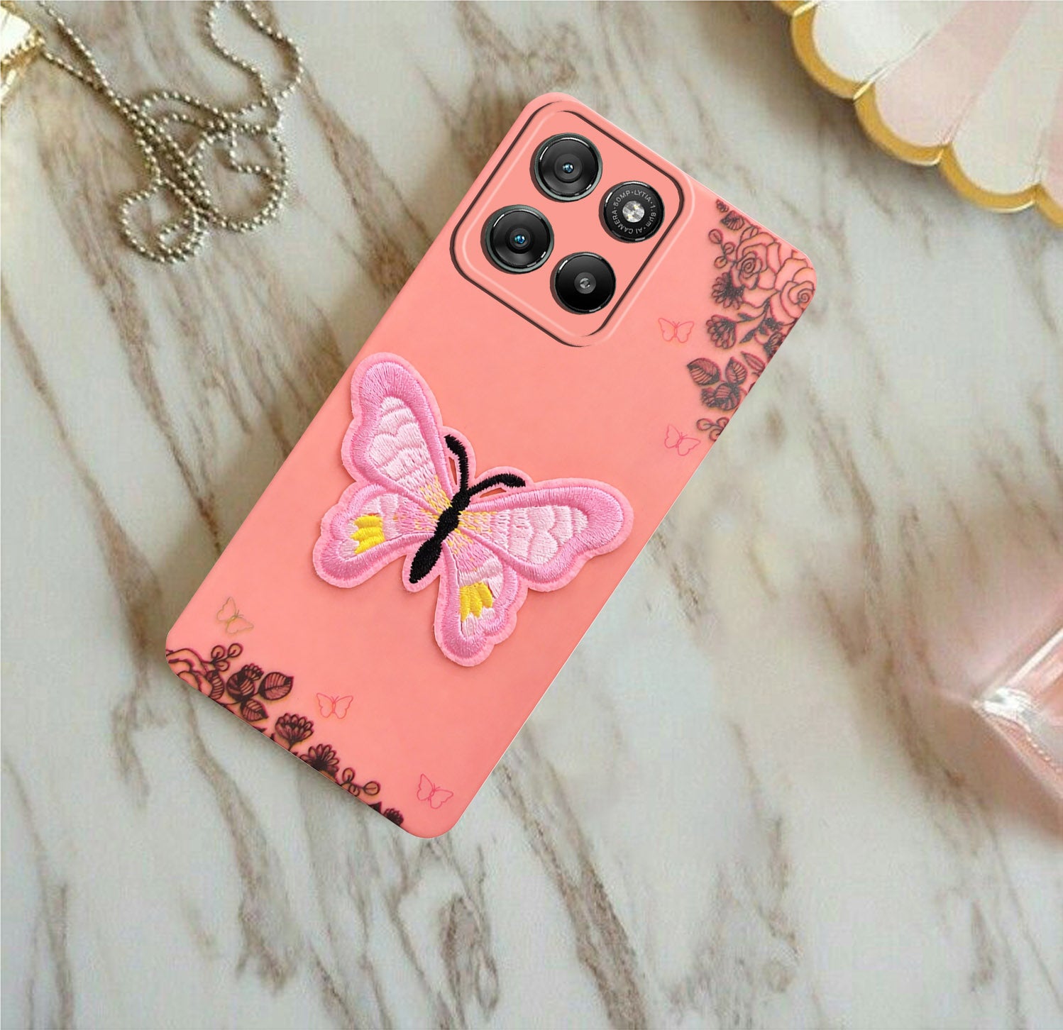 For Motorola Moto G67 Power | G57 Power Back Cover Case (Soft Butterfly Embroidery | Women Teen Girls | Camera Protection| Matte Silicone)