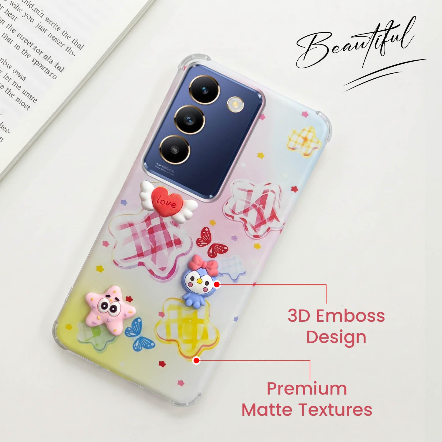 For Vivo T3 5G Back Cover Case (3D Cute Cartoons | Hard Back Side Soft | Matte Premium Finish | HD Printing)