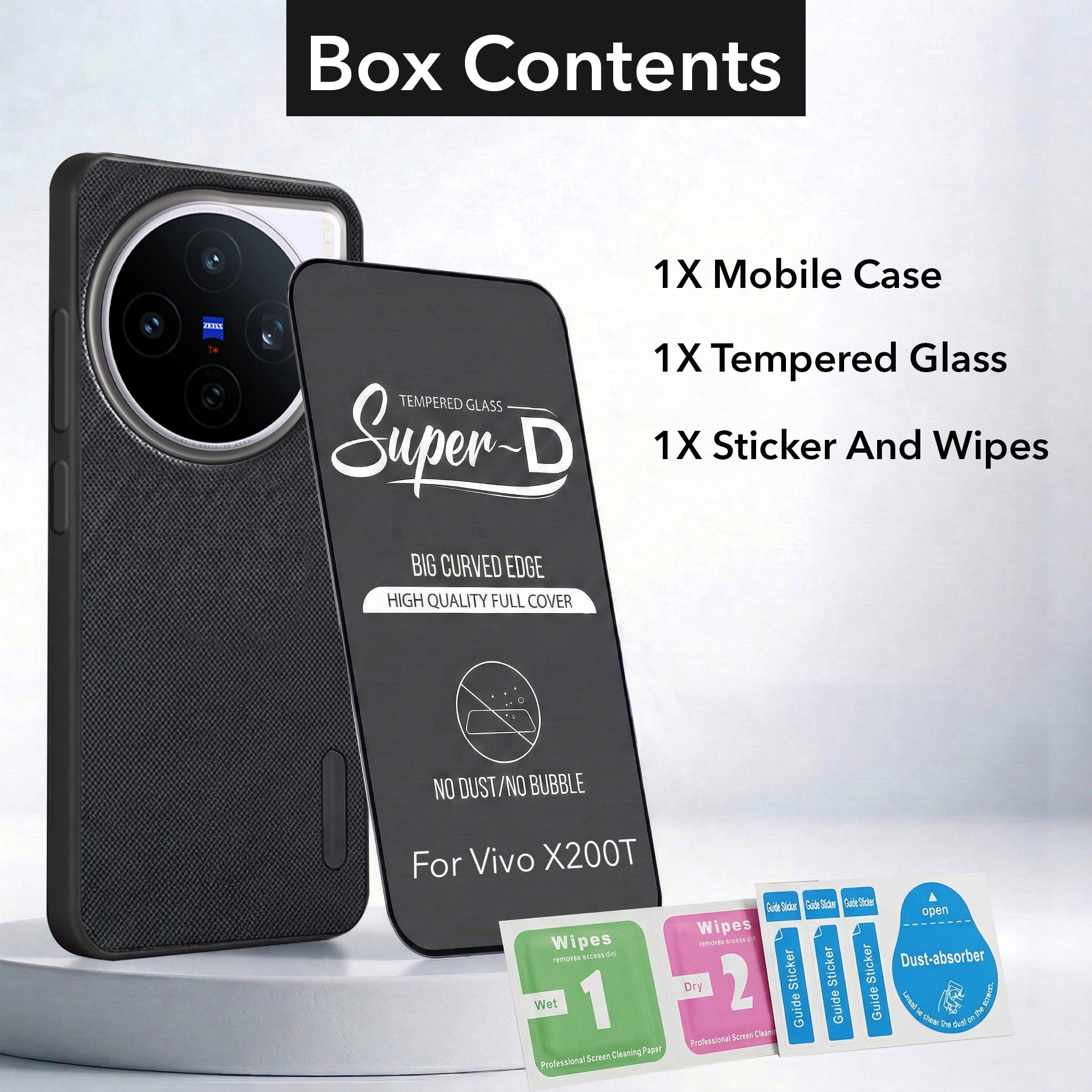 For Vivo X200T Combo with Back Cover and 9H Tempered Glass (Textured Grip Design | Micro-Fiber Cloth Inside | Oleophobic Coating Screen Glass)