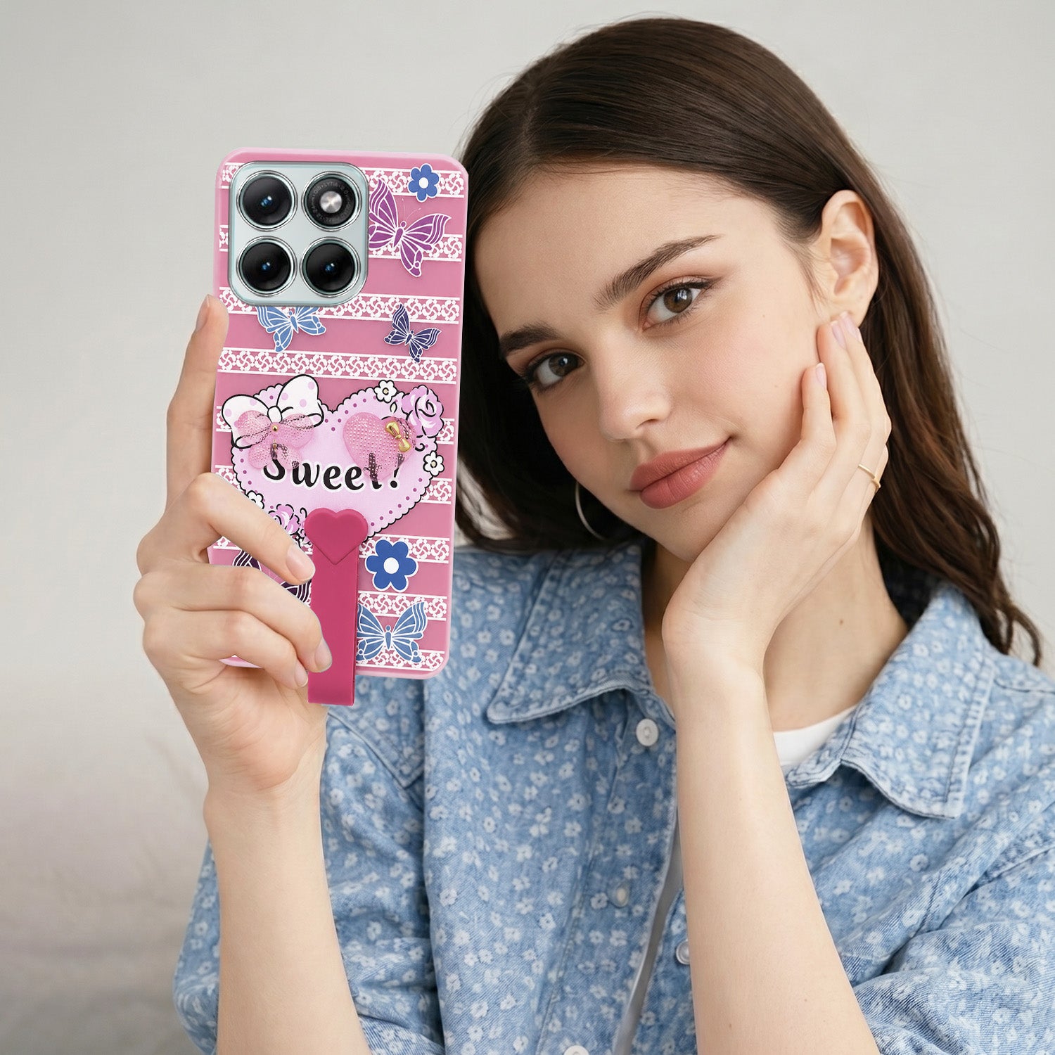 For Motorola Moto Edge 70 Fusion Back Cover Case (3D Cute Heart Strap Holder | Camera Protection | Designer Girls Print)