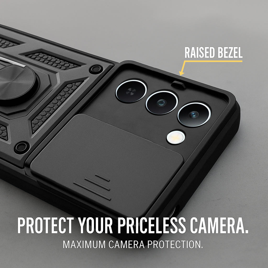 For Realme P4 Lite 5G | Realme Narzo 100 Lite 5G Back Cover Case Hybrid Armor (Sliding Shutter Camera Protection | Polycarbonate |Ring Holder Kickstand)