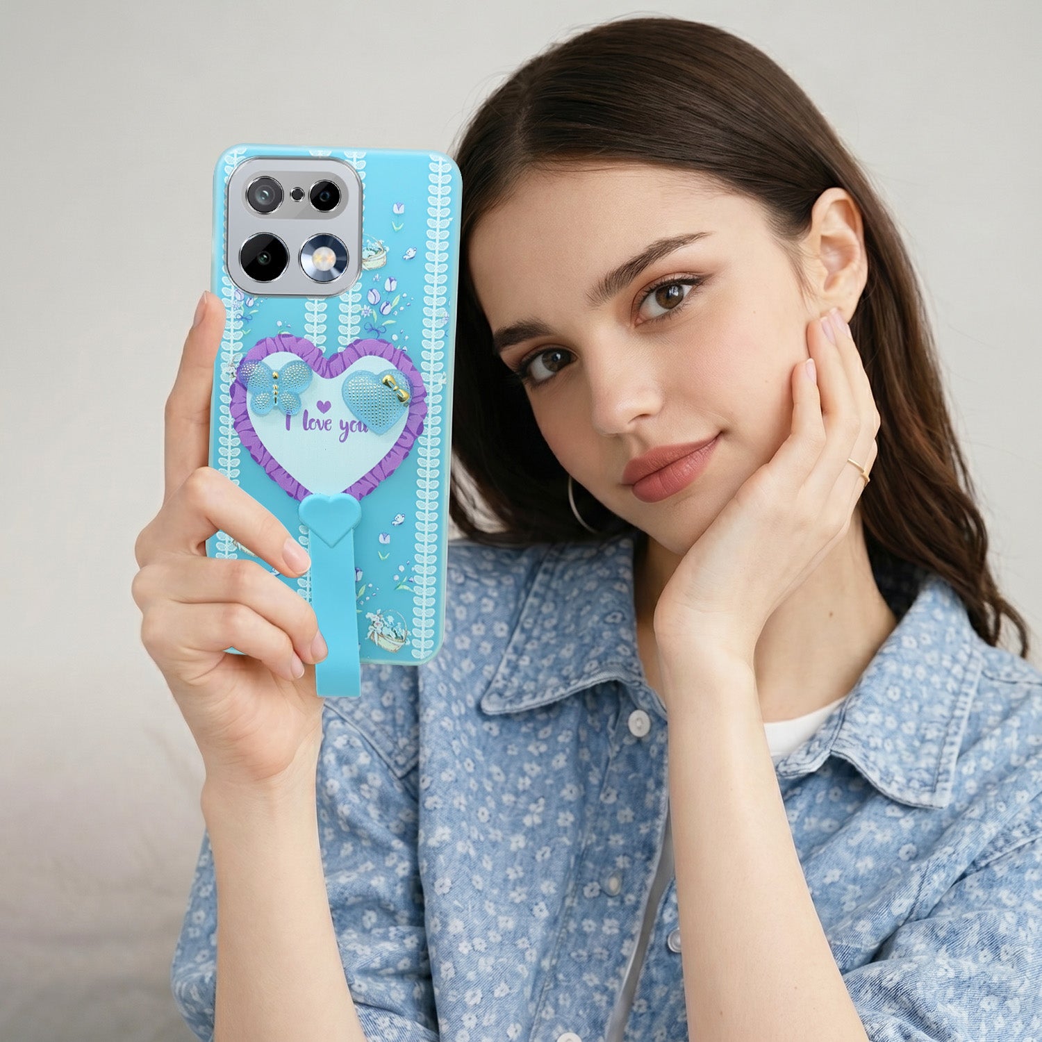 For Realme 16 Pro Back Cover Case (3D Cute Heart Strap Holder | Camera Protection | Designer Girls Print)