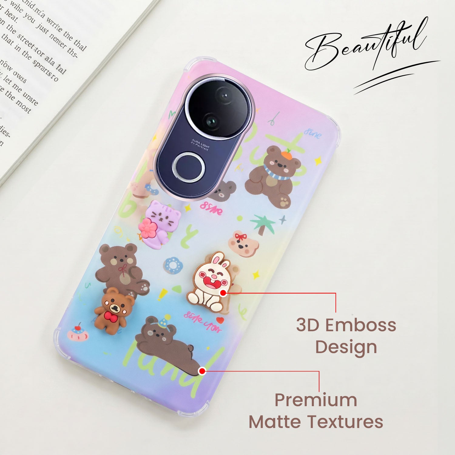For Vivo T4R Back Cover Case (3D Cute Cartoons | Hard Back Side Soft | Matte Premium Finish | HD Printing)