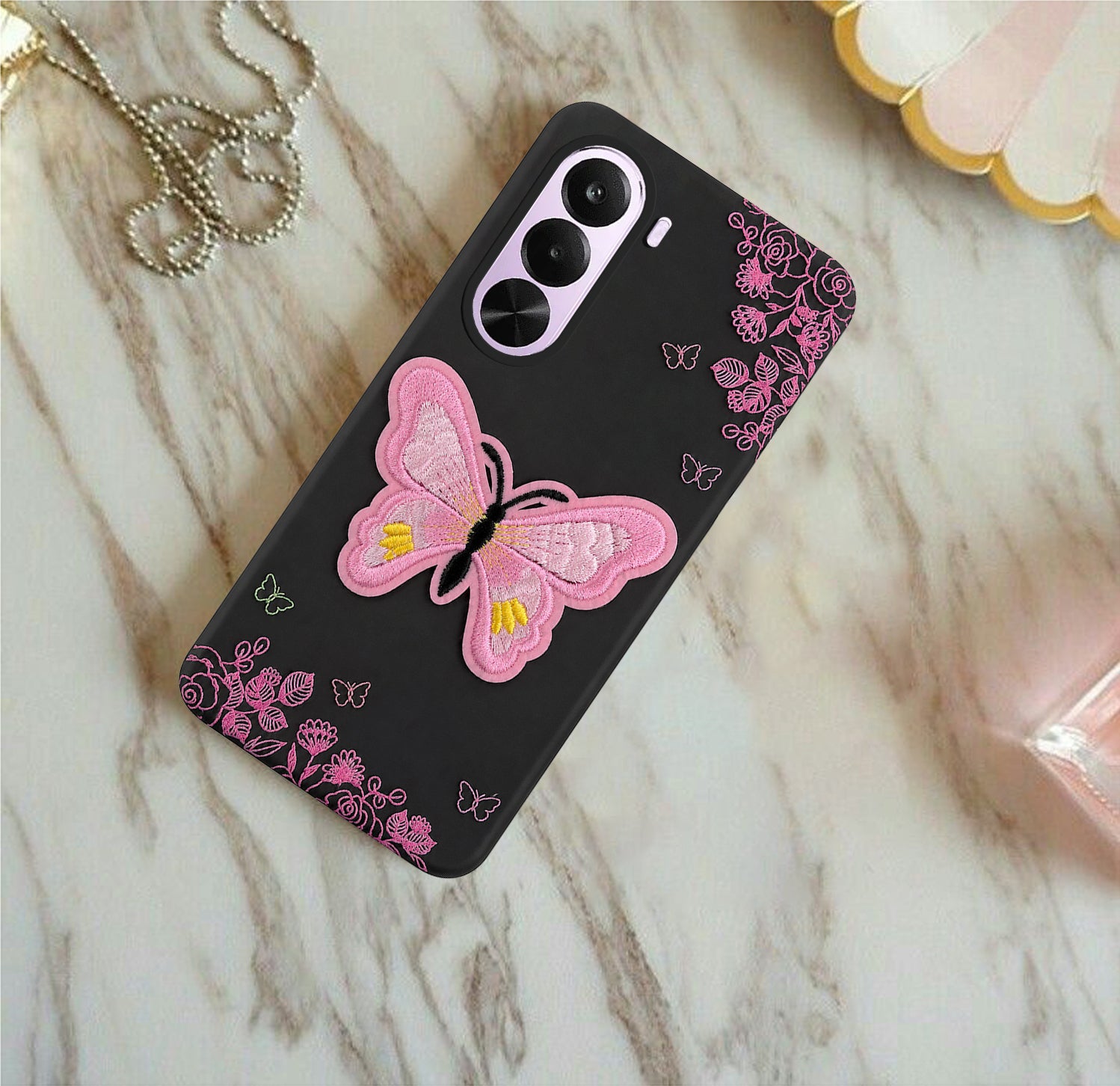 For  Realme P4x Back Cover Case (Soft Butterfly Embroidery | Women Teen Girls | Camera Protection| Matte Silicone)