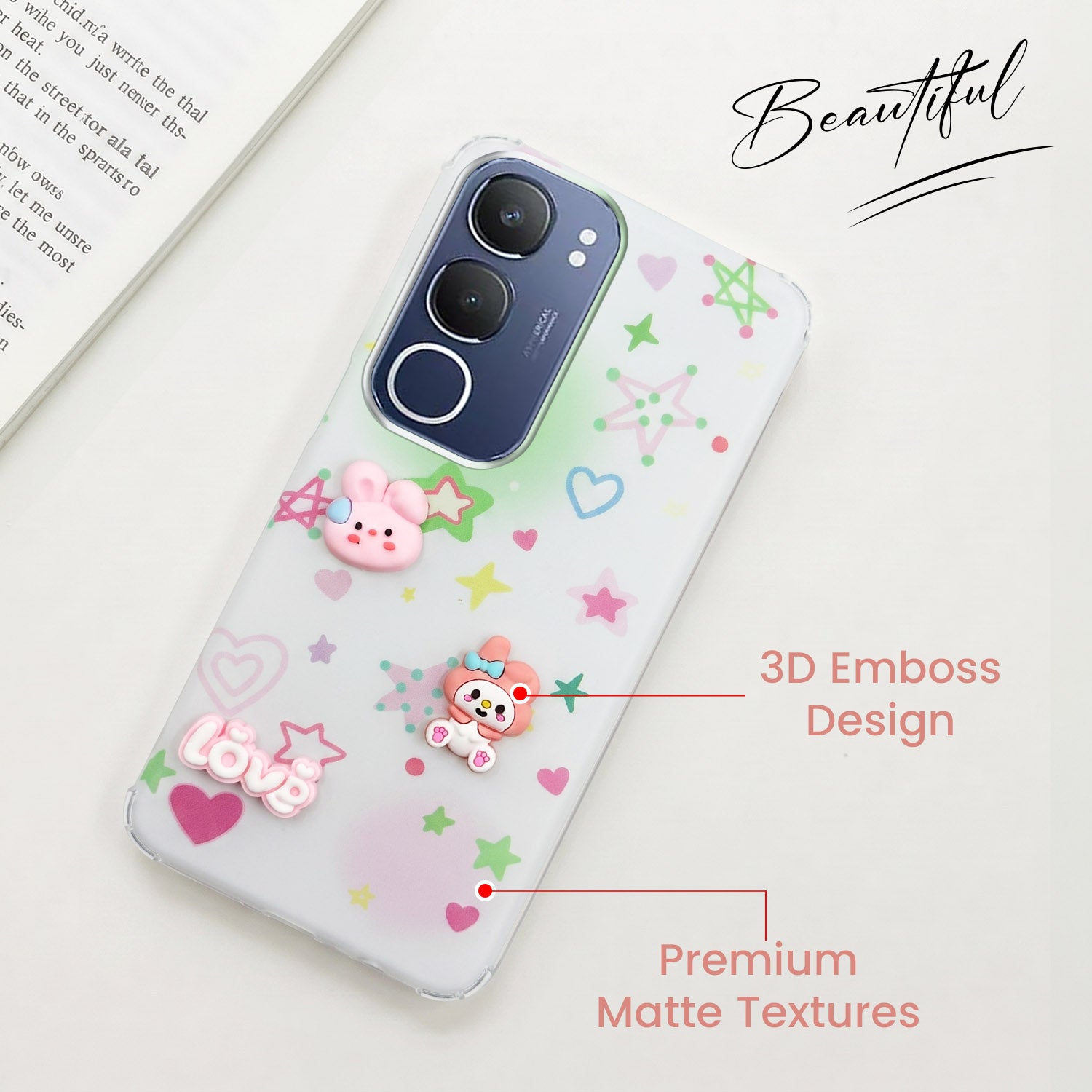For Vivo Y29 Back Cover Case (3D Cute Cartoons | Hard Back Side Soft | Matte Premium Finish | HD Printing)