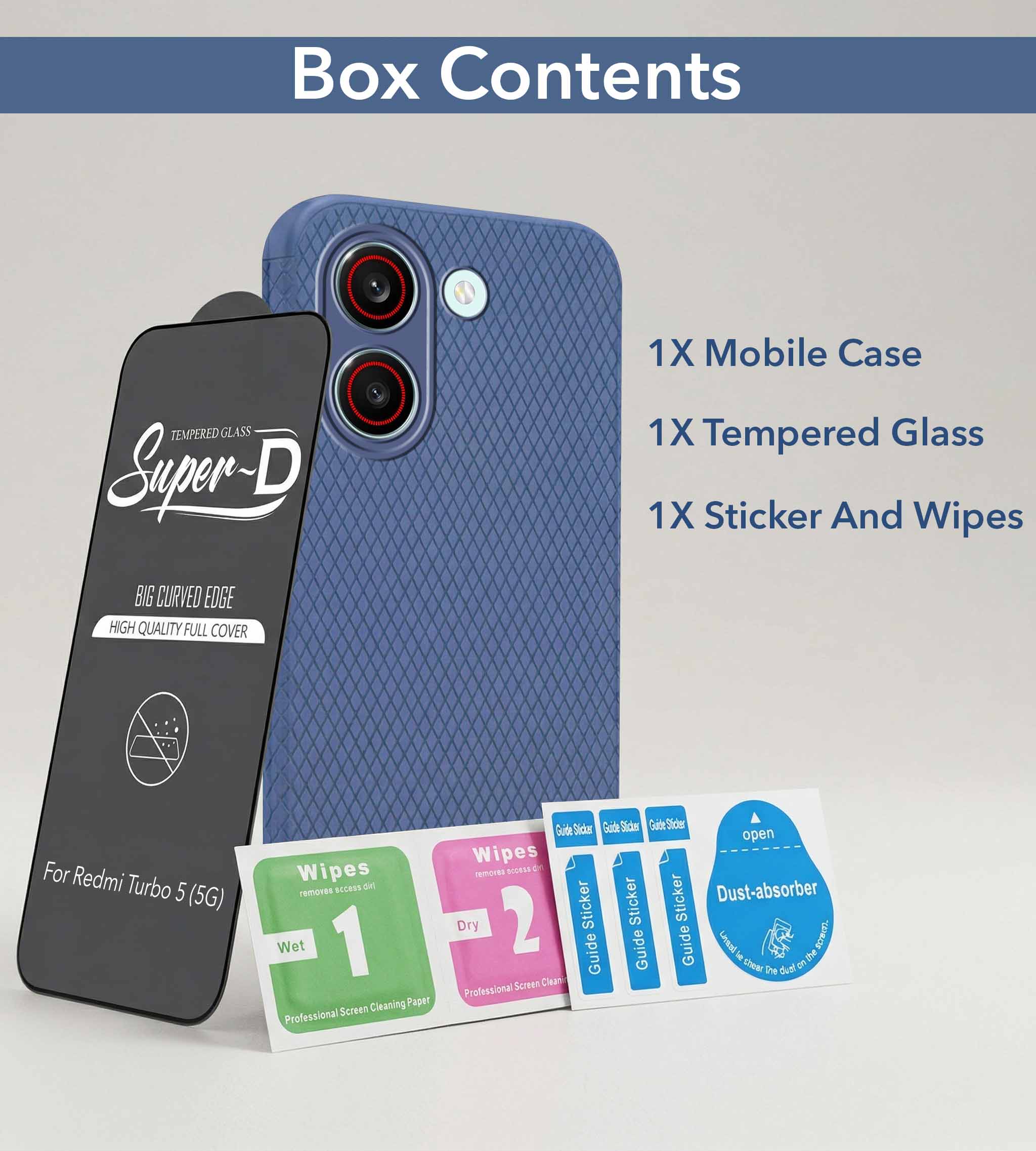 For Redmi Turbo 5 Combo with Back Cover and 9H Tempered Glass (Liquid Silicone | Camera Protection | Oleophobic Coating Screen Glass)