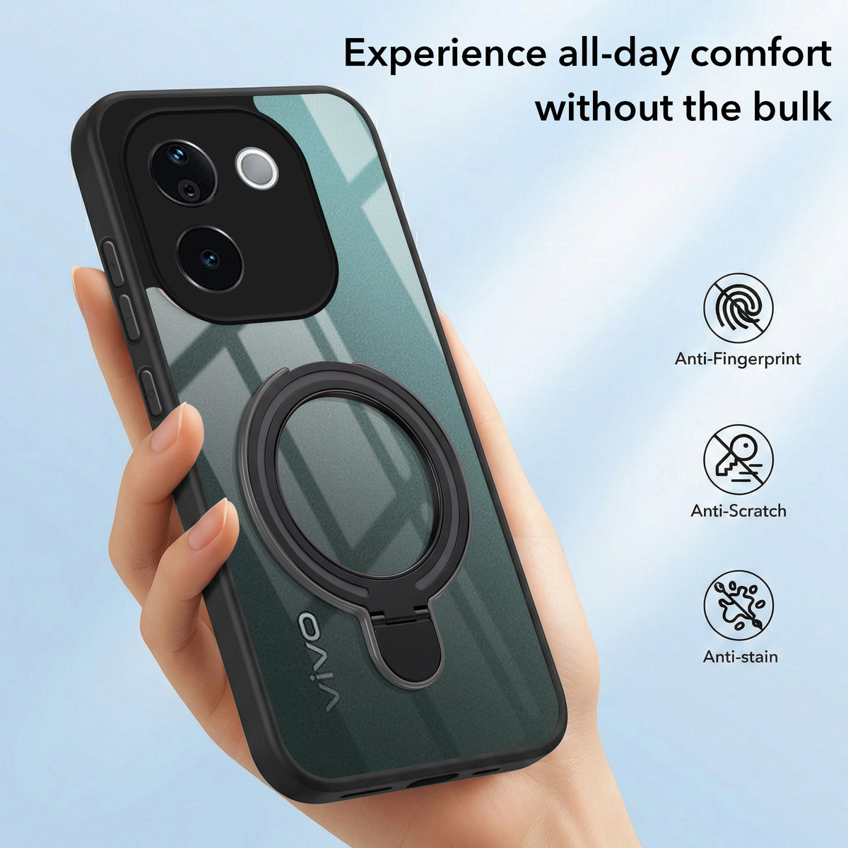 For Vivo T3 Pro Back Cover Case (Kick Stand Ring Holder | Life time Anti Yellow | Camera Protection)