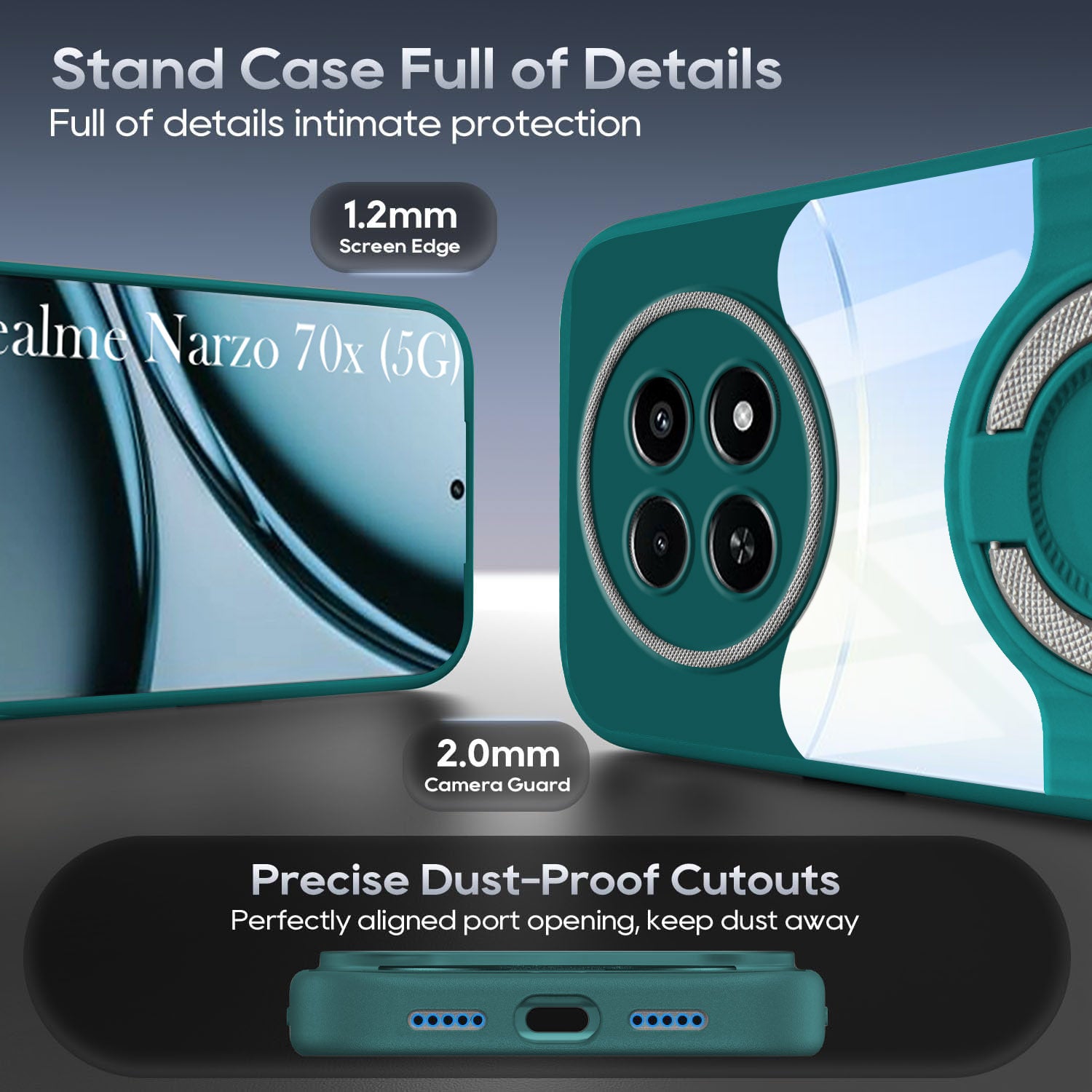 For Realme Narzo 70x 5G Back Cover Case with stand (Built-in Ring Holder Kickstand | Lifetime Anti Yellow | Camera Protection)