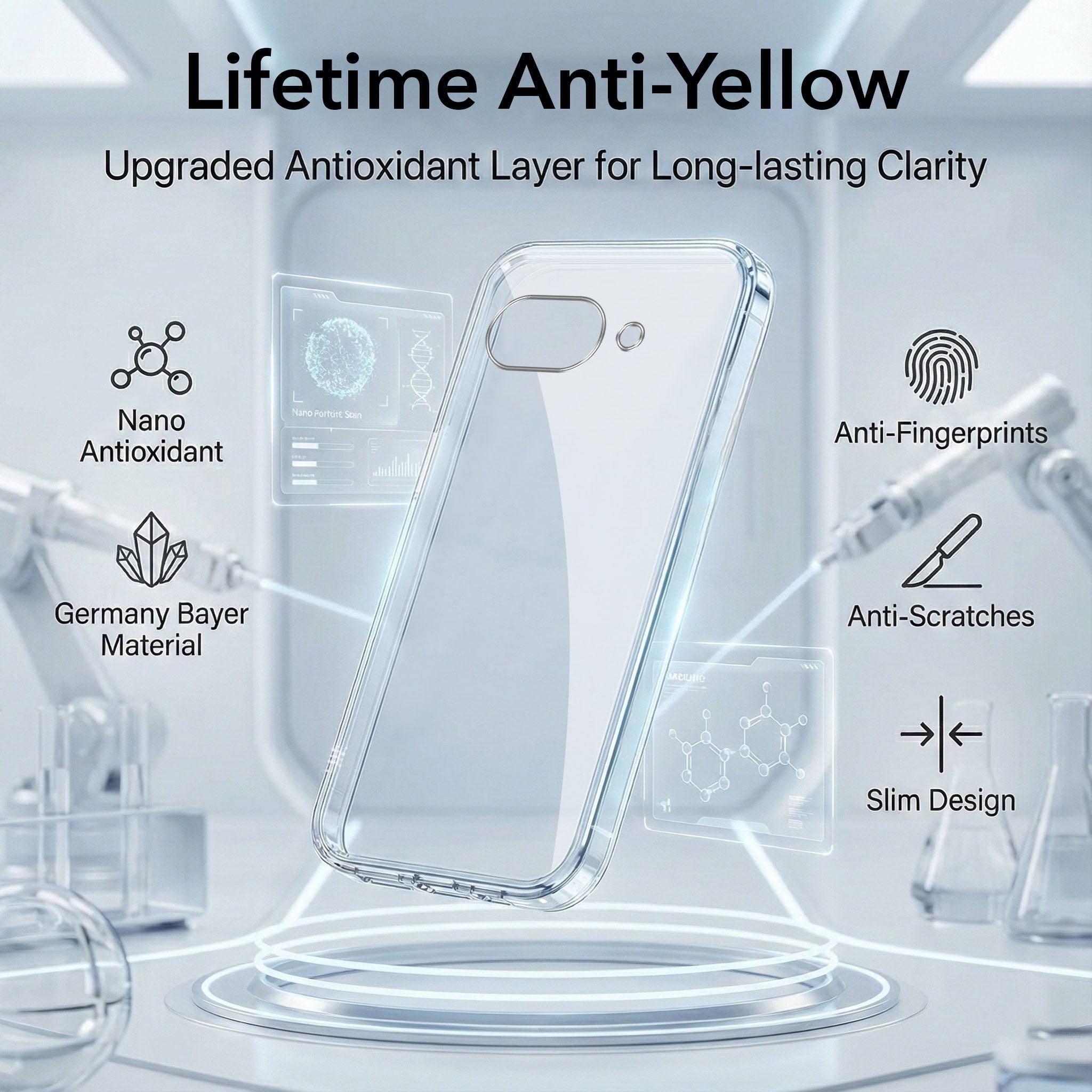 For Google Pixel 9A Combo with Back Cover and 9H Tempered Glass (Lifetime Anti-Yellow | Sleek Hard Crystal | Oleophobic Coating Screen Glass)