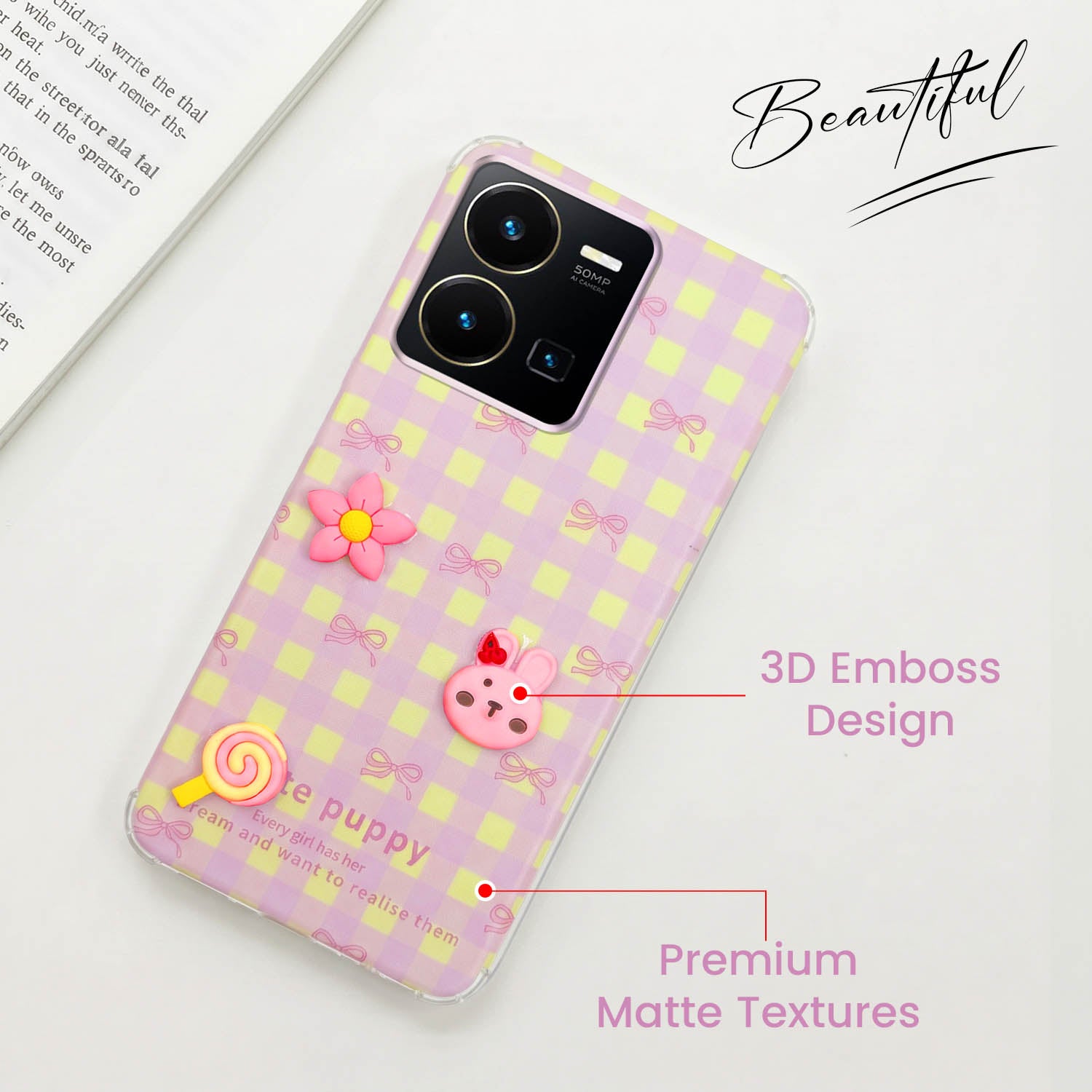 For Vivo Y35 Back Cover Case (3D Cute Cartoons | Hard Back Side Soft | Matte Premium Finish | HD Printing)
