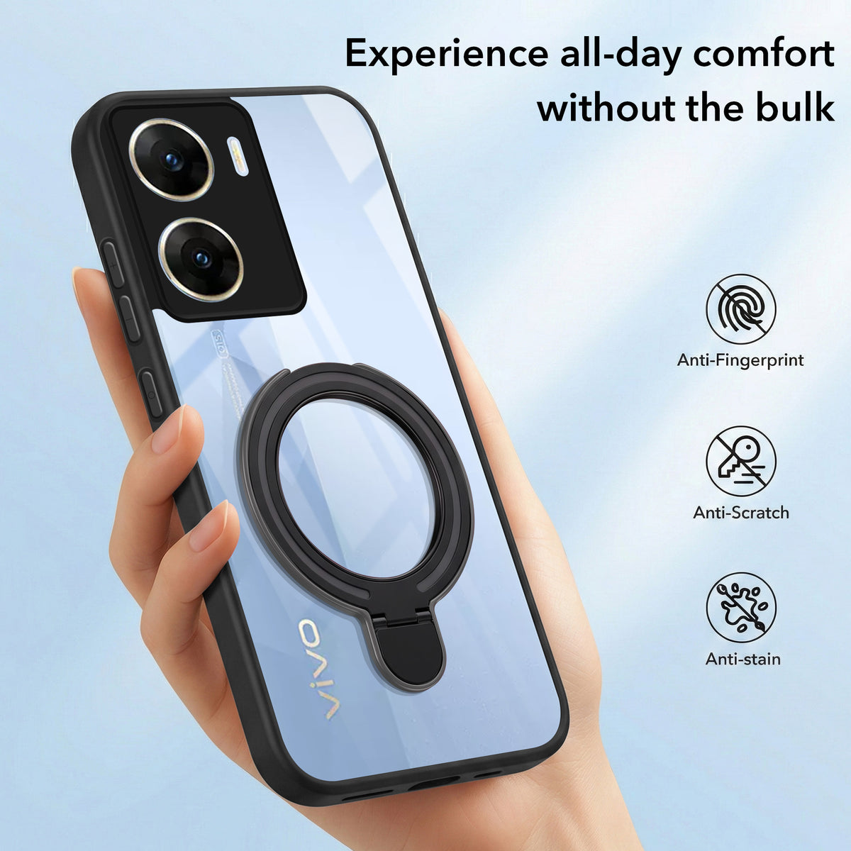 For Vivo V29e 5G Back Cover Case (Kick Stand Ring Holder | Life time Anti Yellow | Camera Protection)