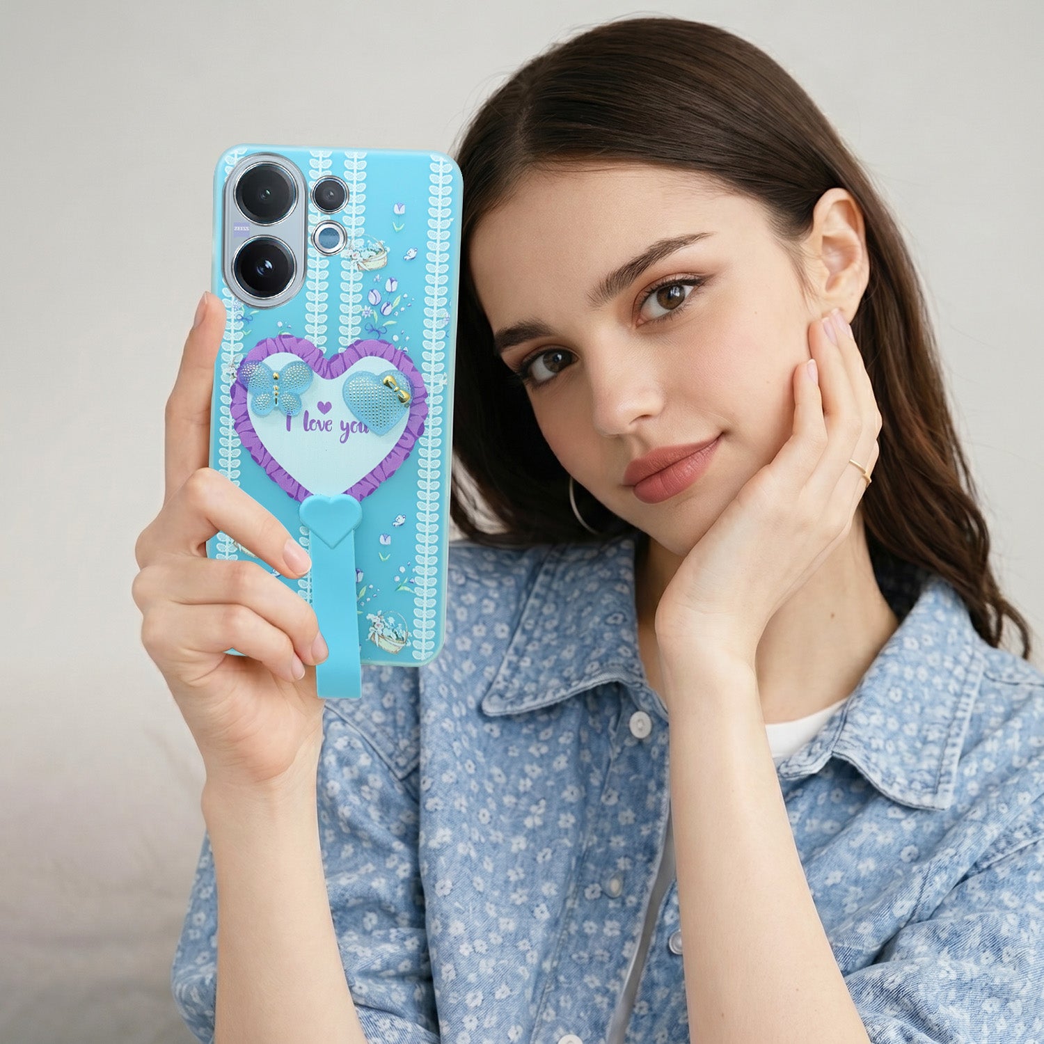 For Vivo V60 | Vivo T4 Pro Back Cover Case (3D Cute Heart Strap Holder | Camera Protection | Designer Girls Print)