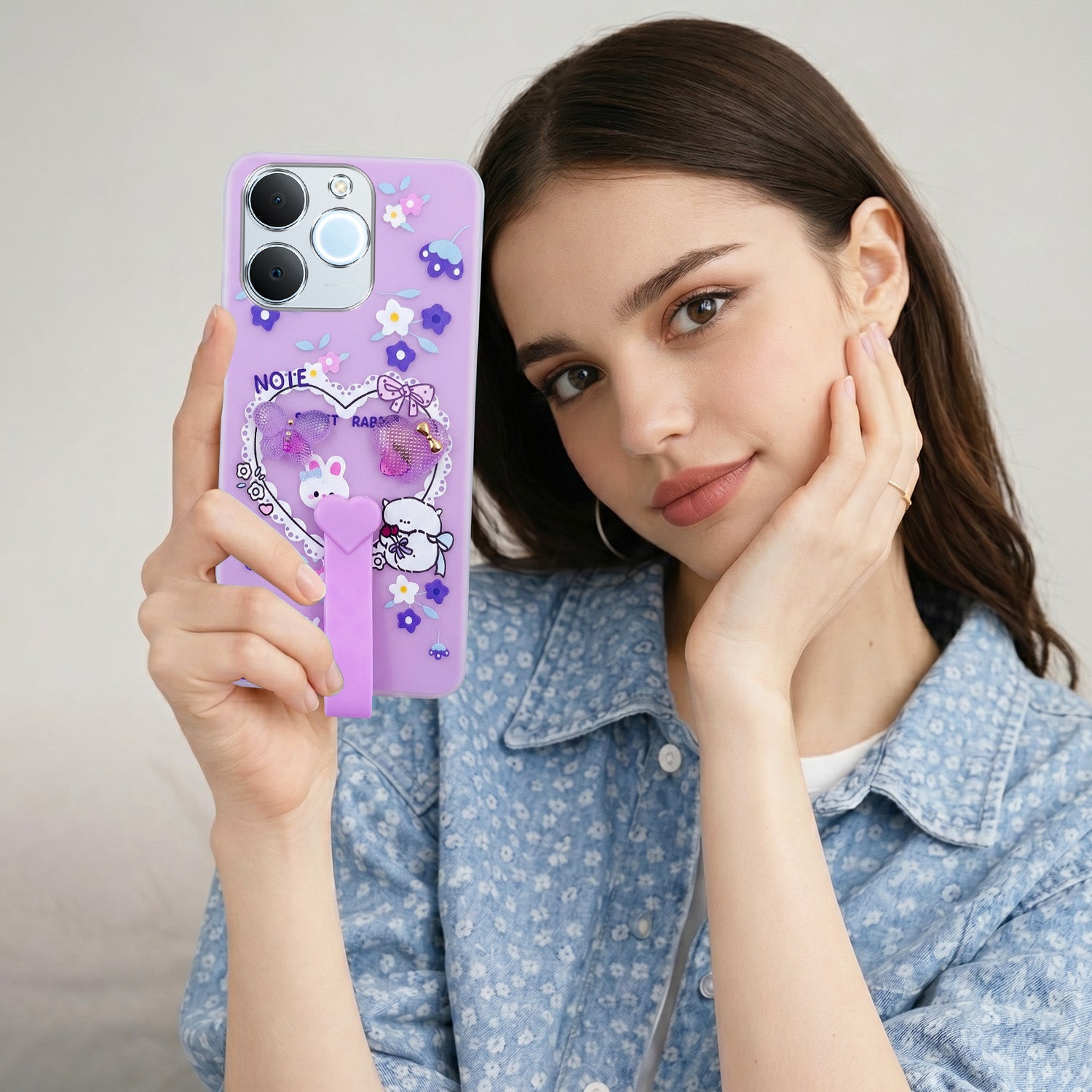 For Realme C71 Back Cover Case (3D Cute Heart Strap Holder | Camera Protection | Designer Girls Print)