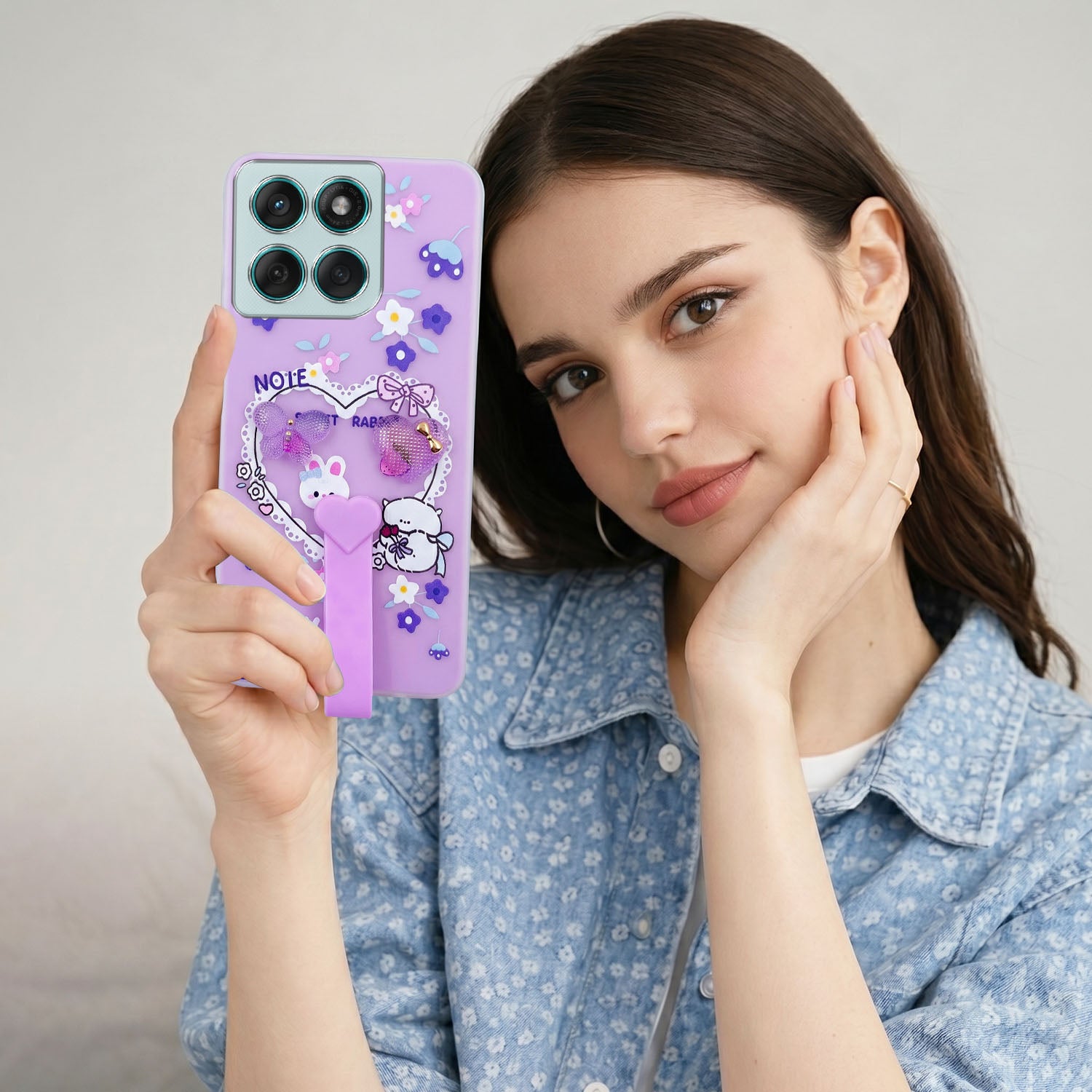 For Motorola Moto Edge 60 Fusion Back Cover Case (3D Cute Heart Strap Holder | Camera Protection | Designer Girls Print)