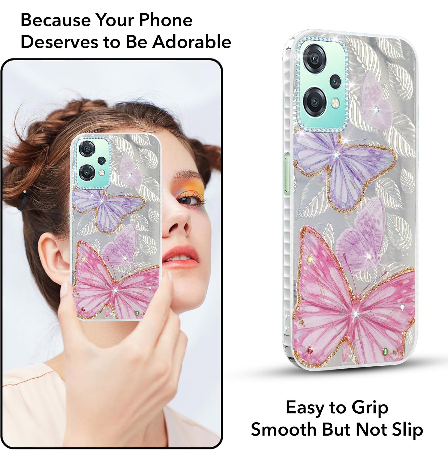 For OnePlus Nord CE 2 Lite Back Cover Case (Luxury Floral Glitter Cute Butterfly | Diamond Studded Camera Bump | Girls & Women Design)