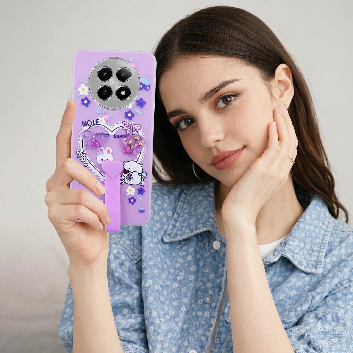 For Realme C65 5G Back Cover Case (3D Cute Heart Strap Holder | Camera Protection | Designer Girls Print)