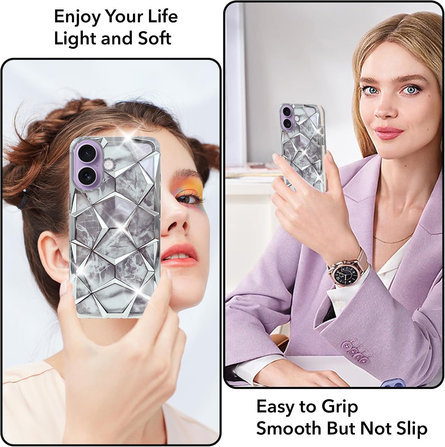 For Apple iPhone 17 Back Cover Case Compatible 3D Silicone (Dual Design Glitter Sparkle and Detachable Diamond Print Case | Soft and Flexible)