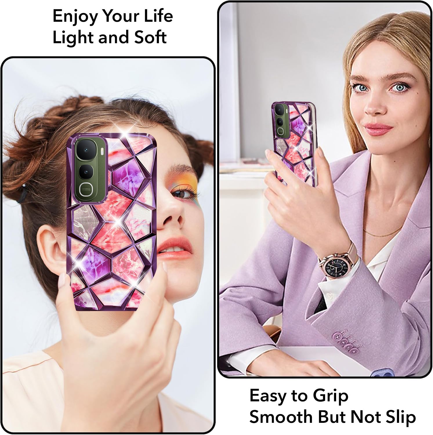 For Vivo Y400 Back Cover Case 3D Silicone Compatible (Dual Design Glitter Sparkle and Detachable Diamond Print Case | Soft and Flexible)