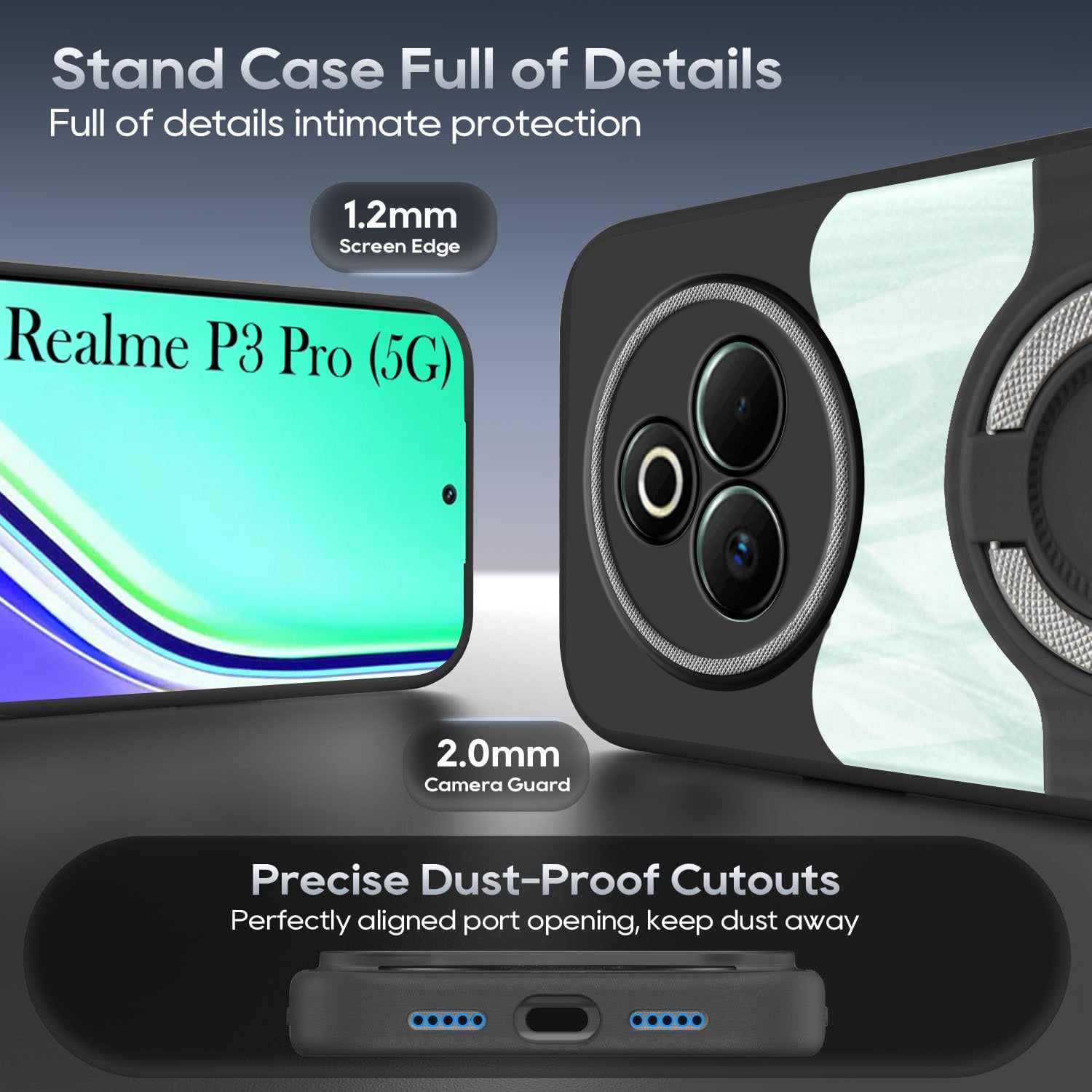 For Realme P3 Pro Back Cover Case with stand (Built-in Ring Holder Kickstand | Lifetime Anti Yellow | Camera Protection)
