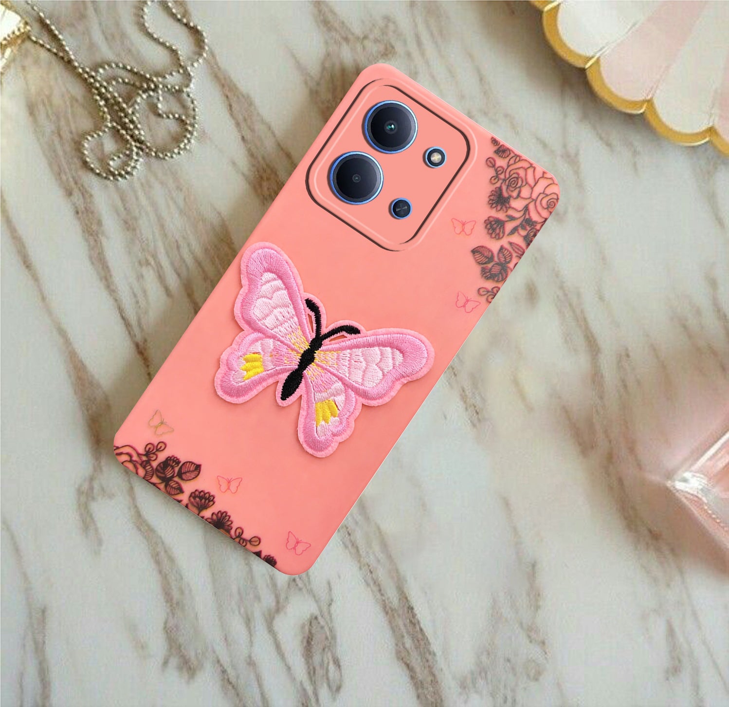 For Redmi 15C Back Cover Case (Soft ButterFly Embroidery | Women Teen Girls | Camera Protection| Matte Silicone)