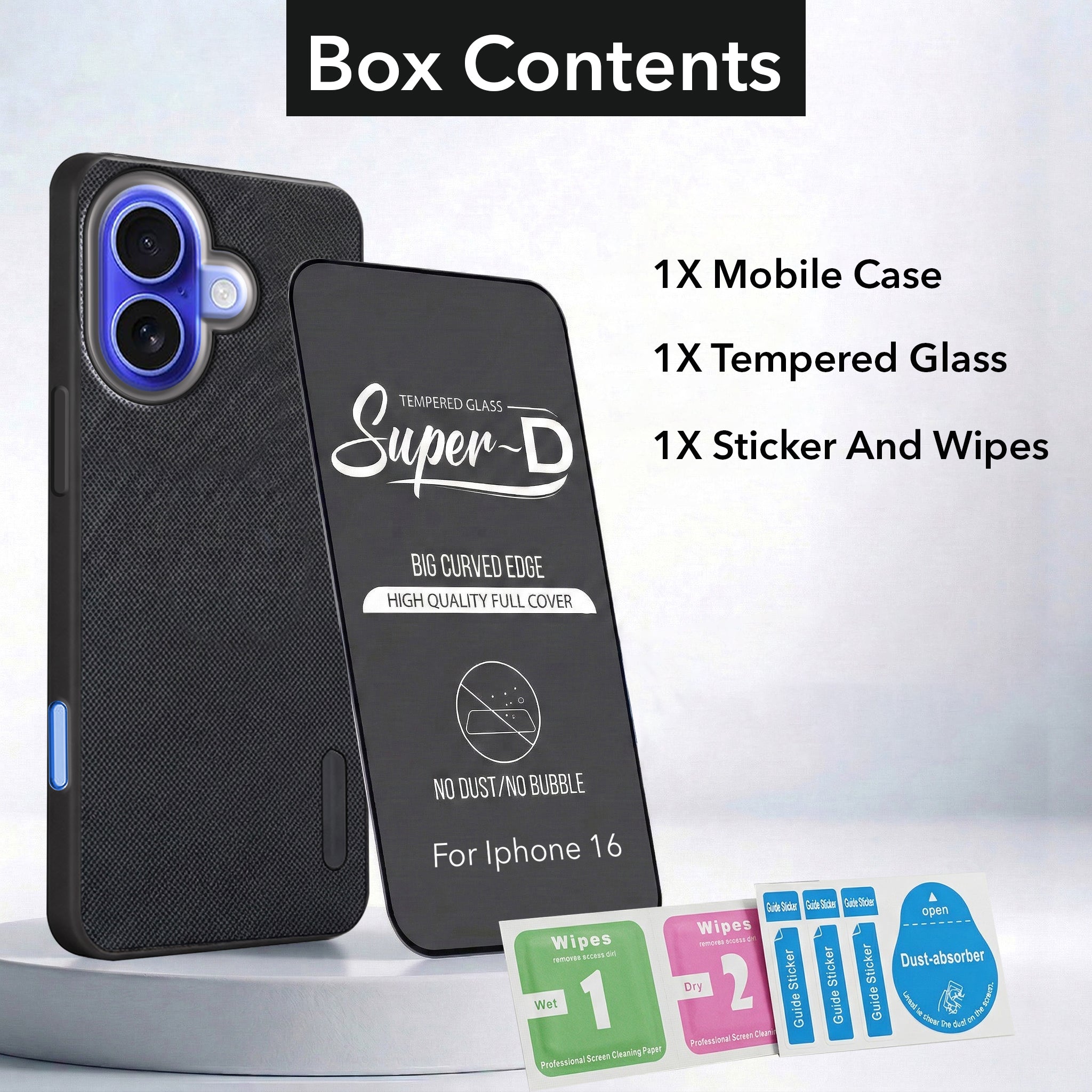 For Apple iPhone 16 Combo with Back Cover and 9H Tempered Glass (Textured Grip Design | Micro-Fiber Cloth Inside | Oleophobic Coating Screen Glass)