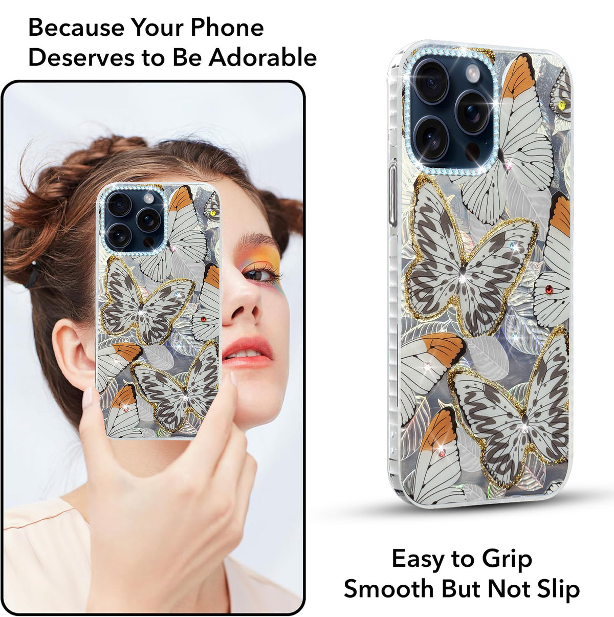 For Apple iPhone 15 Pro Max Back Cover Case (Luxury Floral Glitter Cute Butterfly | Diamond Studded Camera Bump | Girls & Women Design)