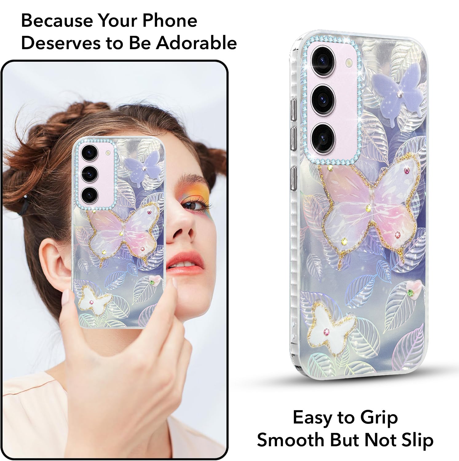 For Samsung Galaxy S23 5G Back Cover Case (Luxury Floral Glitter Cute Butterfly | Diamond Studded Camera Bump | Girls & Women Design)