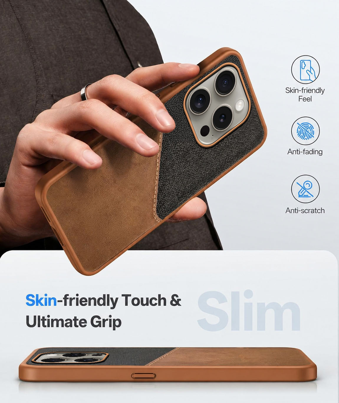 For Apple iPhone 15 Pro Back Cover Case (Dual PU Leather Stitch | Professional Minimalist | Soft and Flexible)
