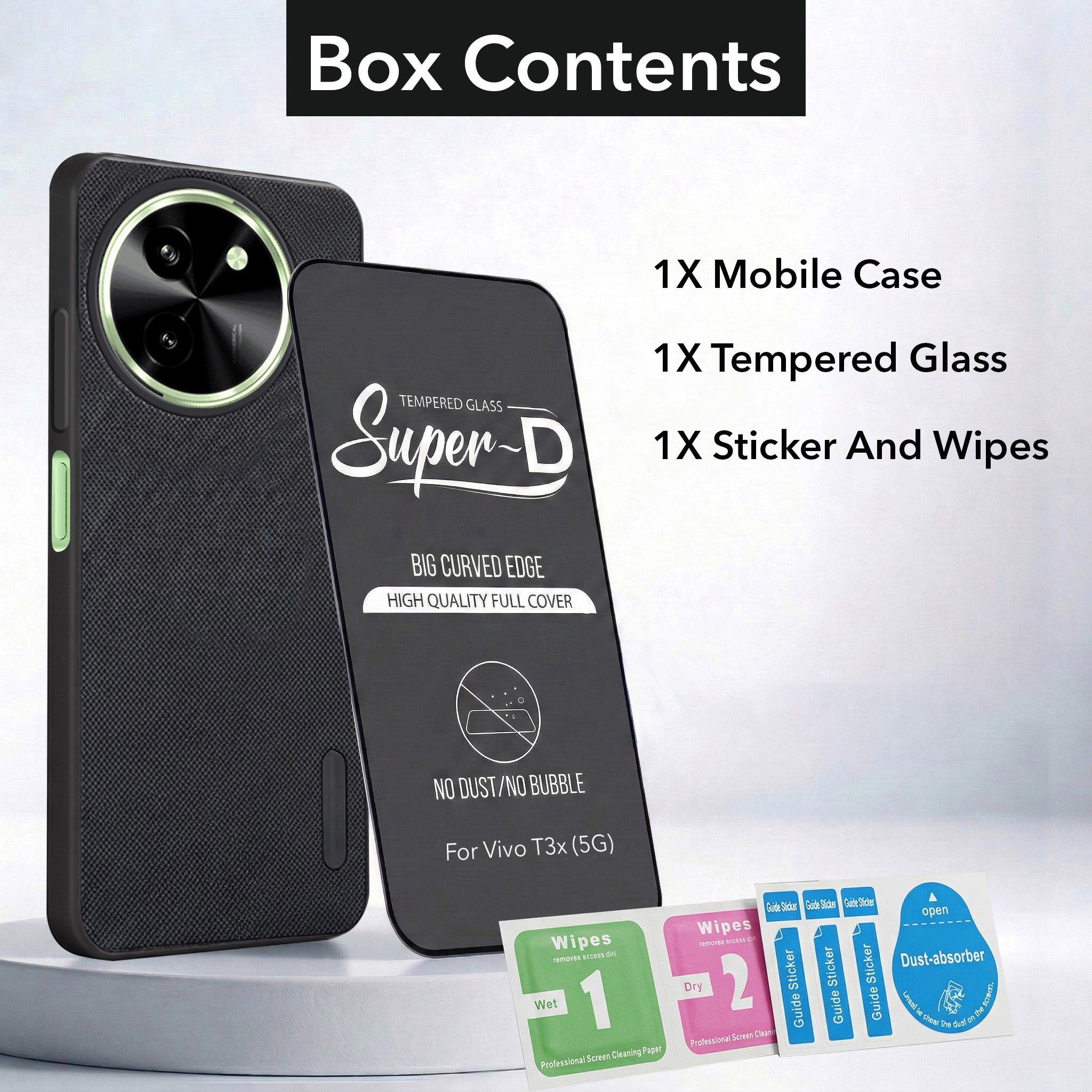 For Vivo T3X 5G Combo with Back Cover and 9H Tempered Glass (Textured Grip Design | Micro-Fiber Cloth Inside | Oleophobic Coating Screen Glass)