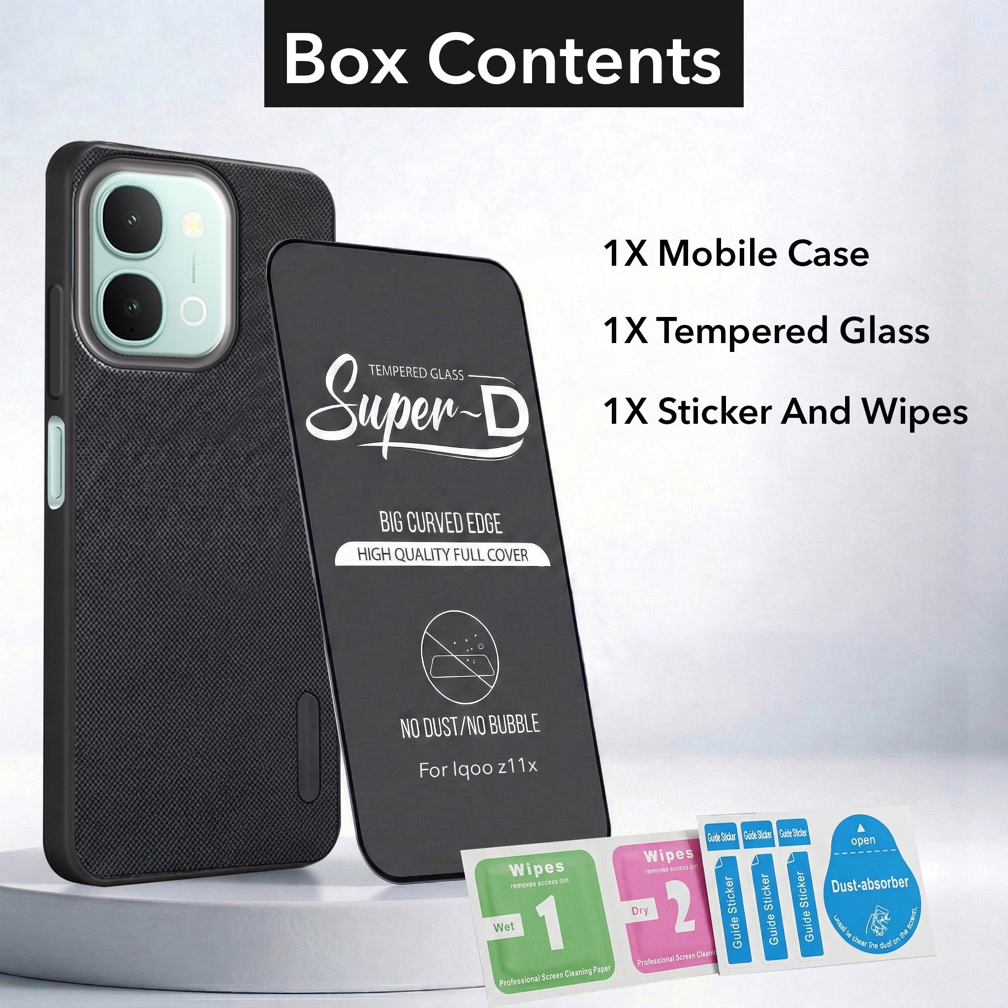 For Vivo iQOO Z11x 5G Combo with Back Cover and 9H Tempered Glass (Textured Grip Design | Micro-Fiber Cloth Inside | Oleophobic Coating Screen Glass)
