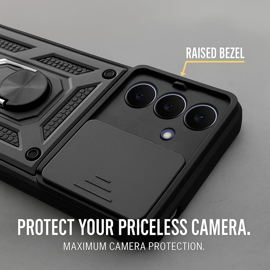 For Samsung Galaxy S25 FE Back Cover Case Hybrid Armor (Sliding Shutter Camera Protection | Polycarbonate |Ring Holder Kickstand)
