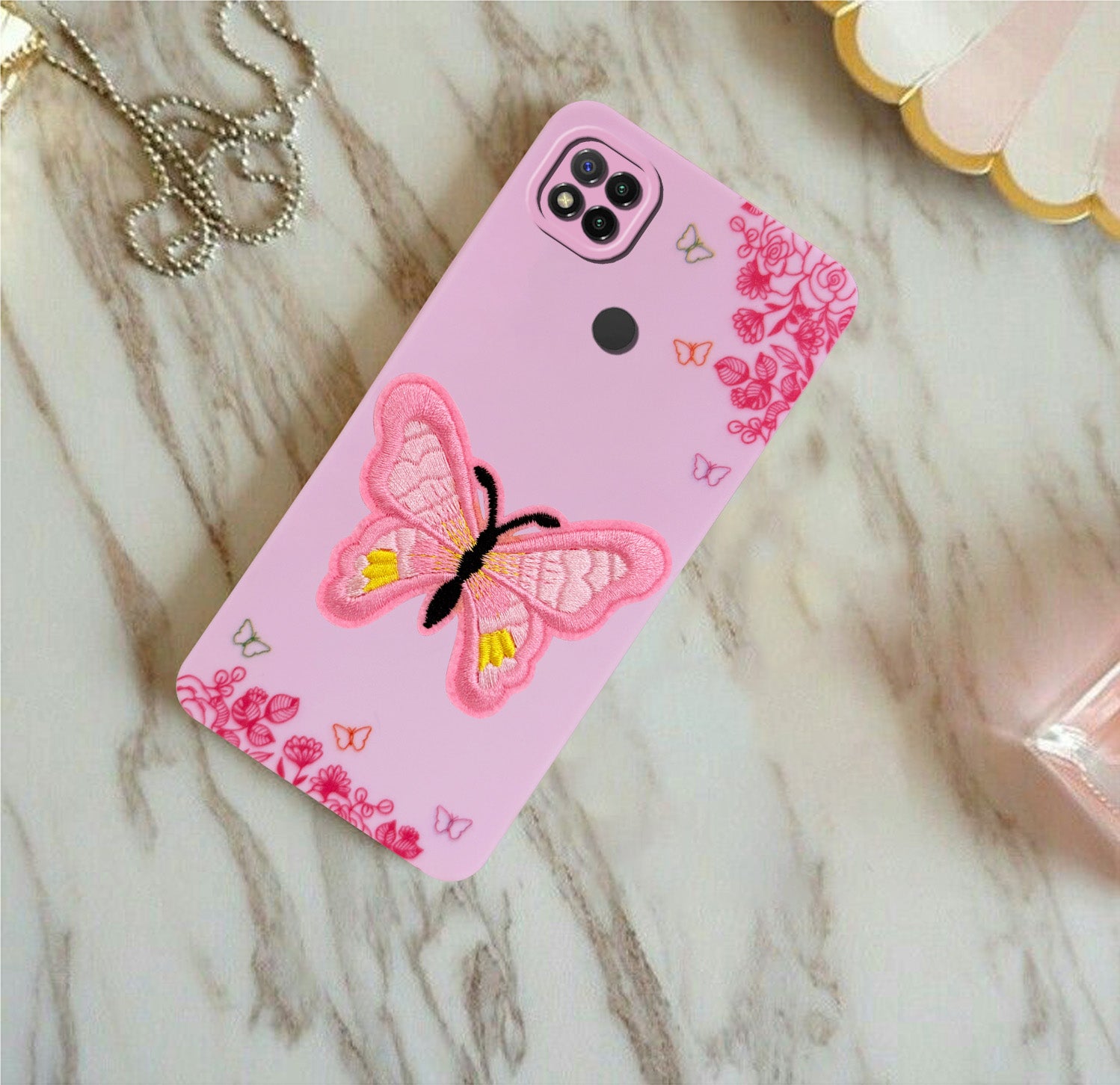For Redmi 9C Back Cover Case (Soft Butterfly Embroidery | Women Teen Girls | Camera Protection| Matte Silicone)