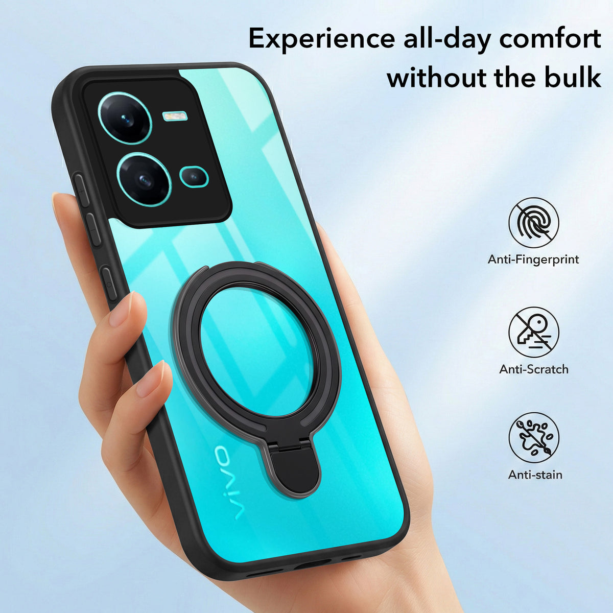 For Vivo V25 5G Back Cover Case (Kick Stand Ring Holder | Life time Anti Yellow | Camera Protection)