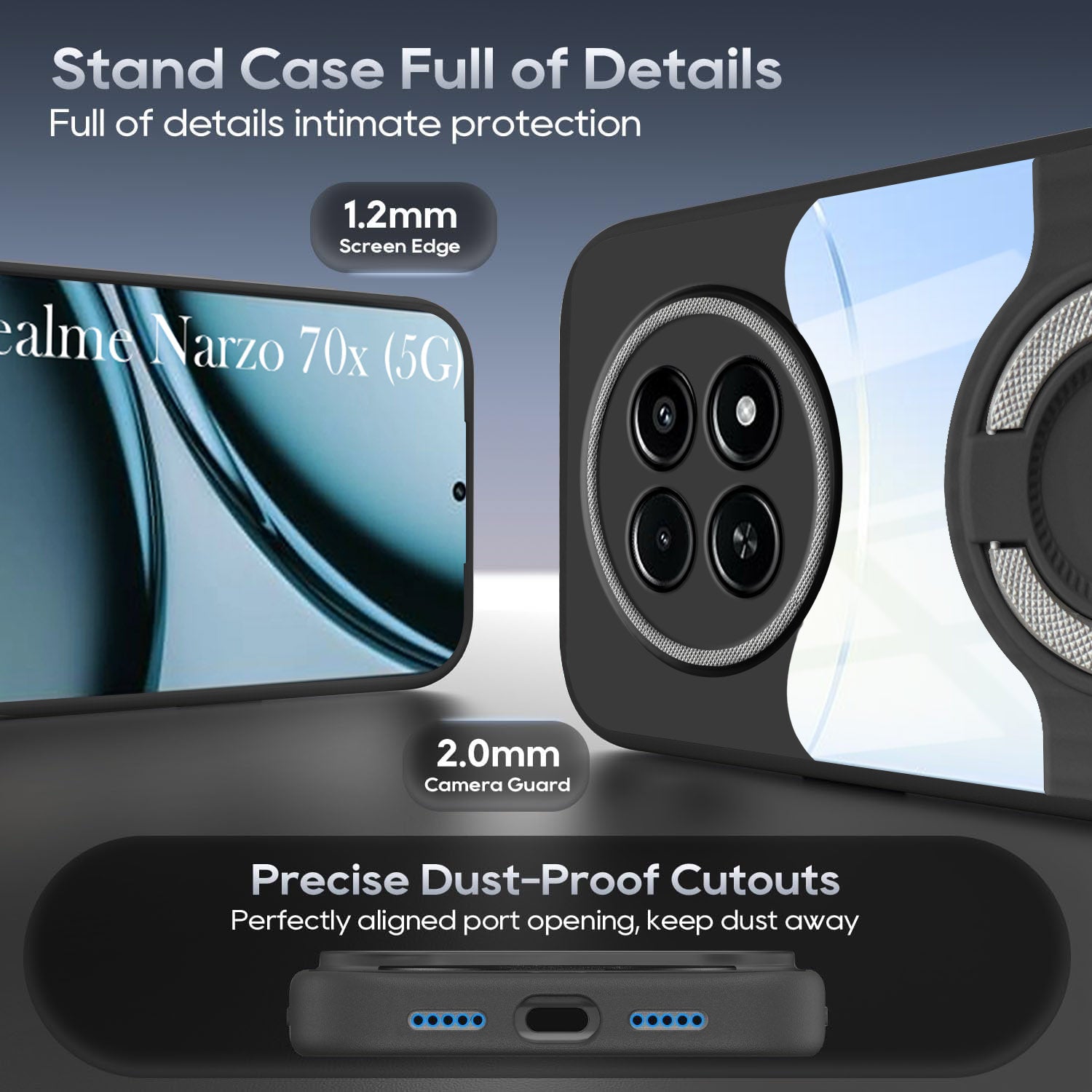 For Realme Narzo 70x 5G Back Cover Case with stand (Built-in Ring Holder Kickstand | Lifetime Anti Yellow | Camera Protection)