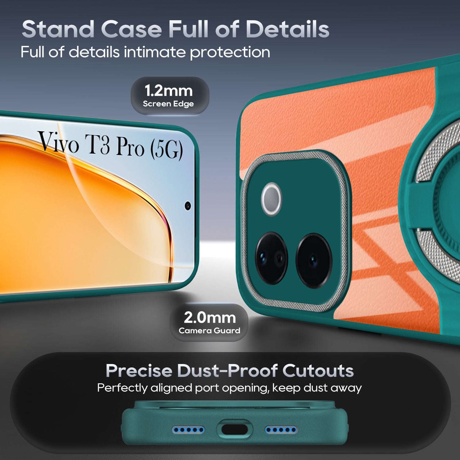For Vivo T3 Pro Back Cover Case with stand (Built-in Ring Holder Kickstand | Lifetime Anti Yellow | Camera Protection)